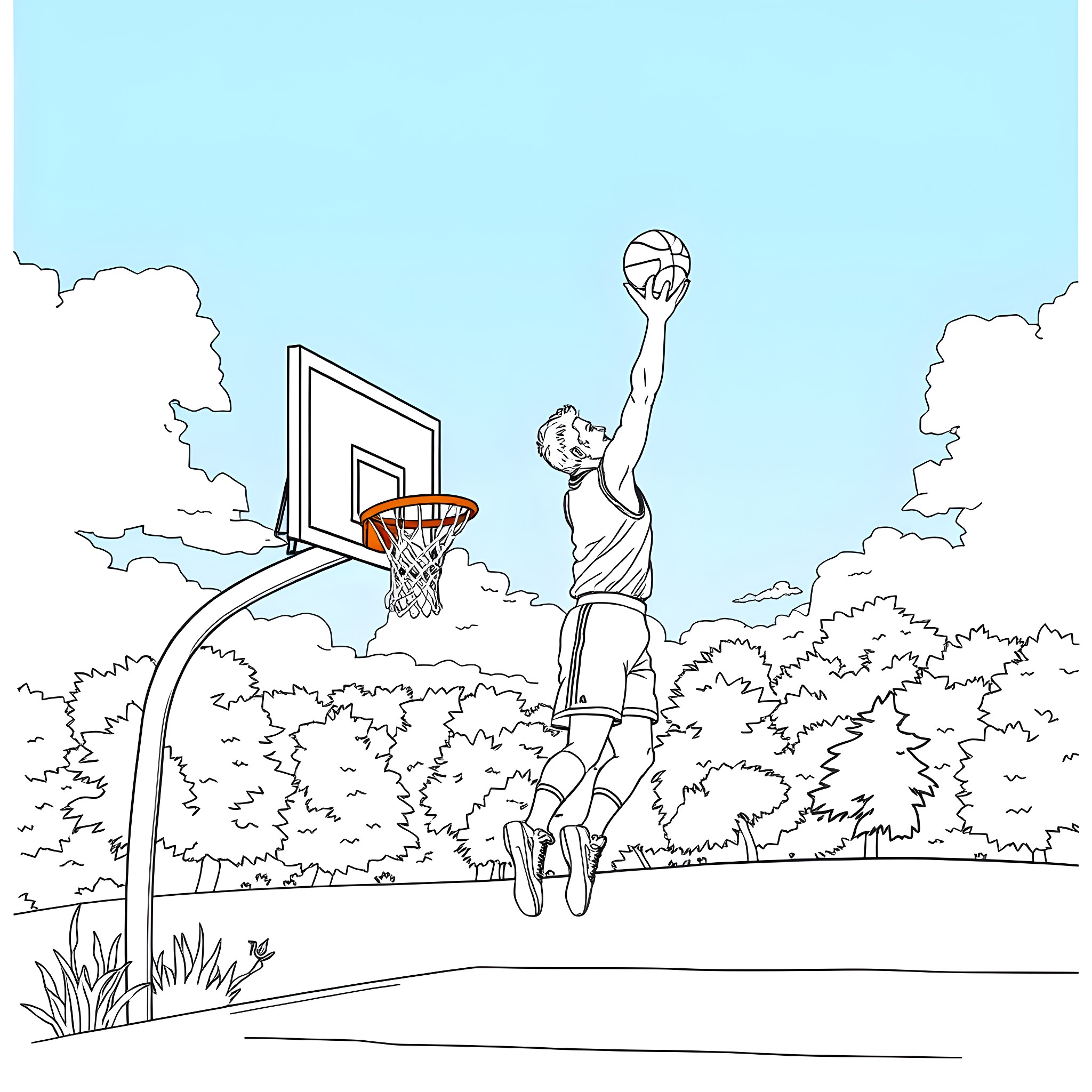 Larry Bird dunking a basketball on an outdoor court Coloring Page (free black-and-white line drawing printable PDF for all, from beginners to advanced learners, including children, teens, adults, and seniors)