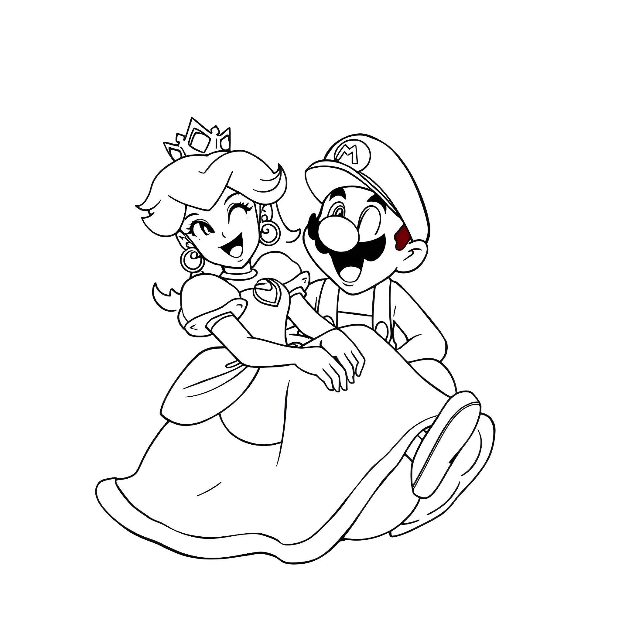 Princess Peach and Mario Sharing a Joyful Moment Coloring Page (free black-and-white line drawing printable PDF for all, from beginners to advanced learners, including children, teens, adults, and seniors)