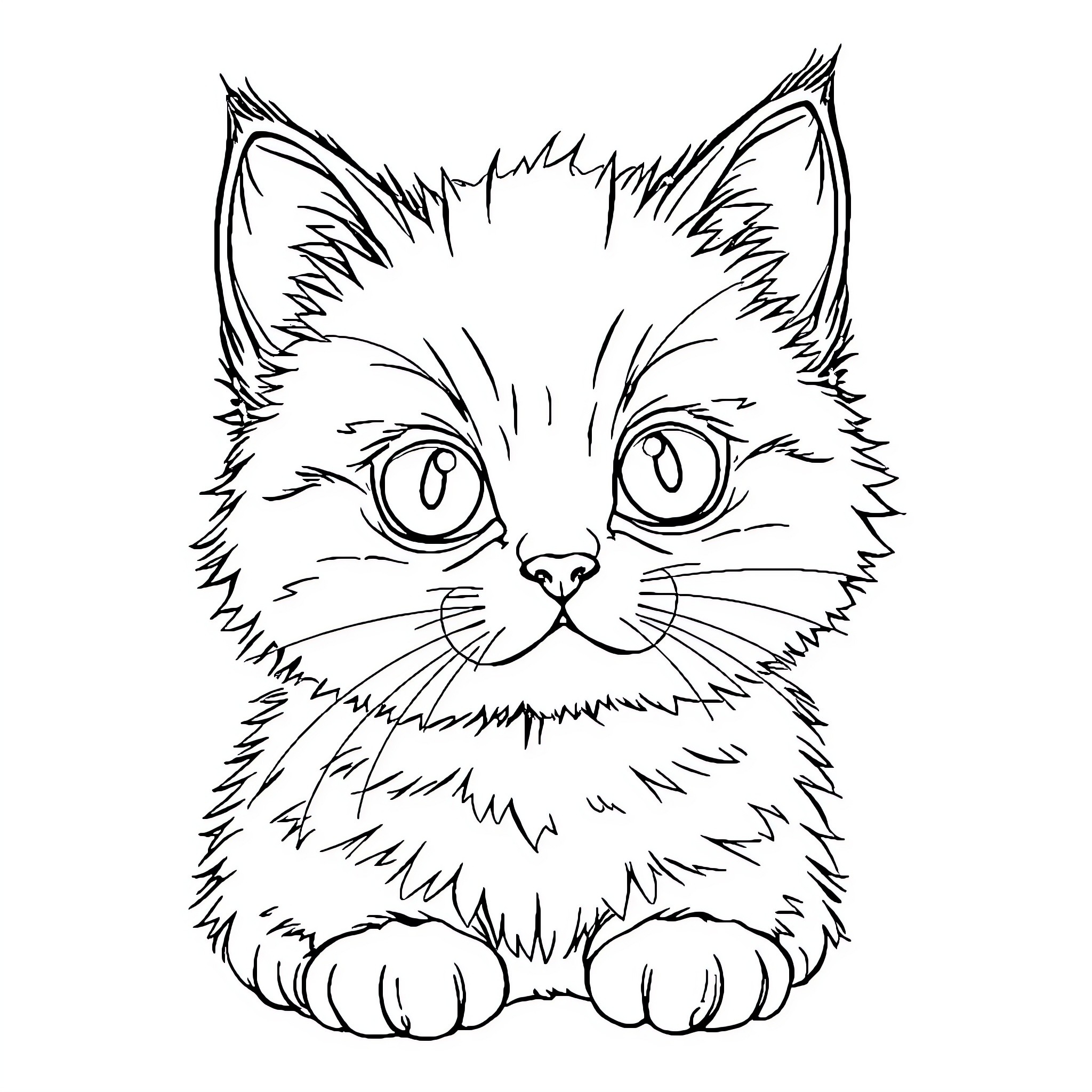 Kitten with curious expression Coloring Page (free black-and-white line drawing printable PDF for all, from beginners to advanced learners, including children, teens, adults, and seniors)