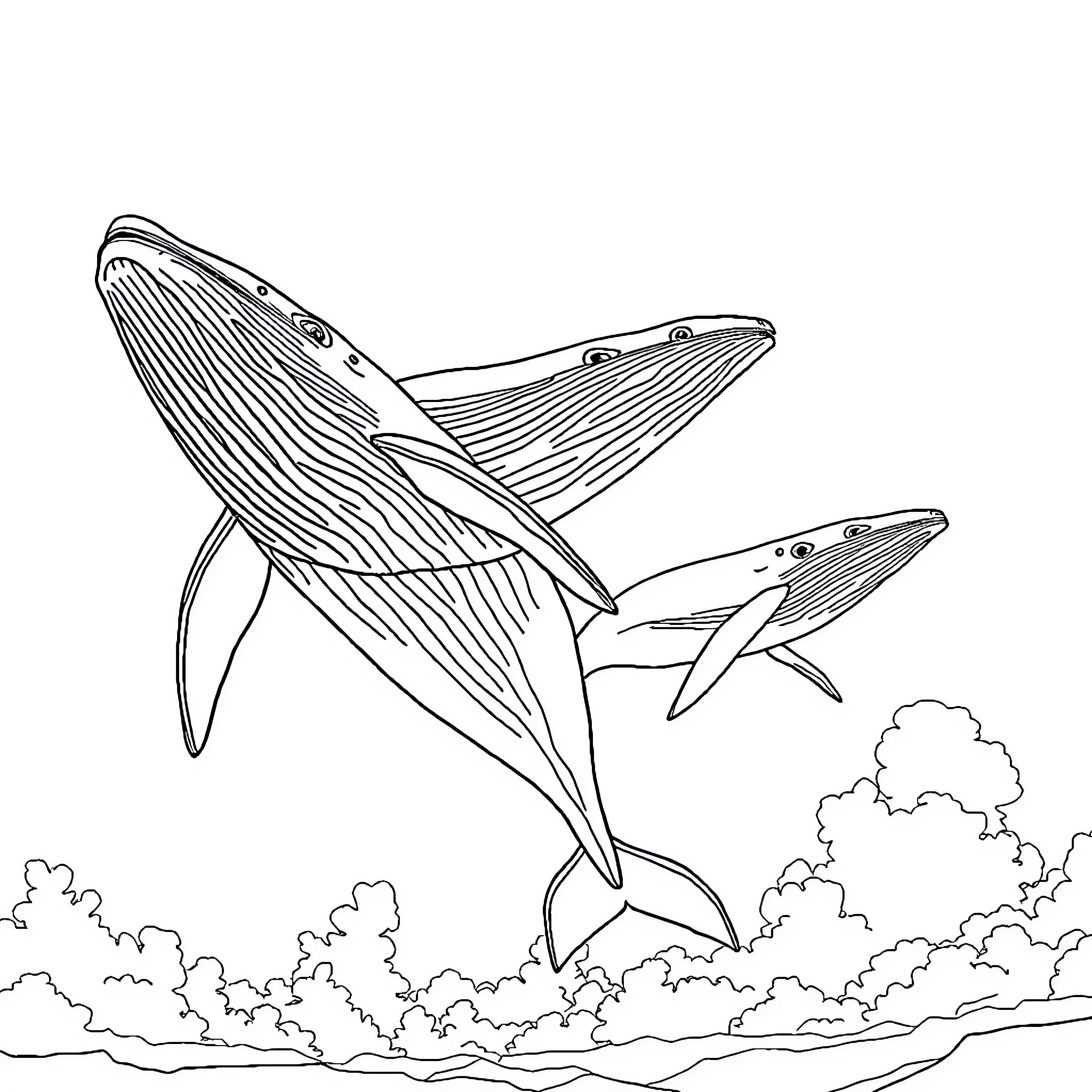 Whale Jumping Gracefully in the Waves Coloring Page (free black-and-white line drawing printable PDF for all, from beginners to advanced learners, including children, teens, adults, and seniors)