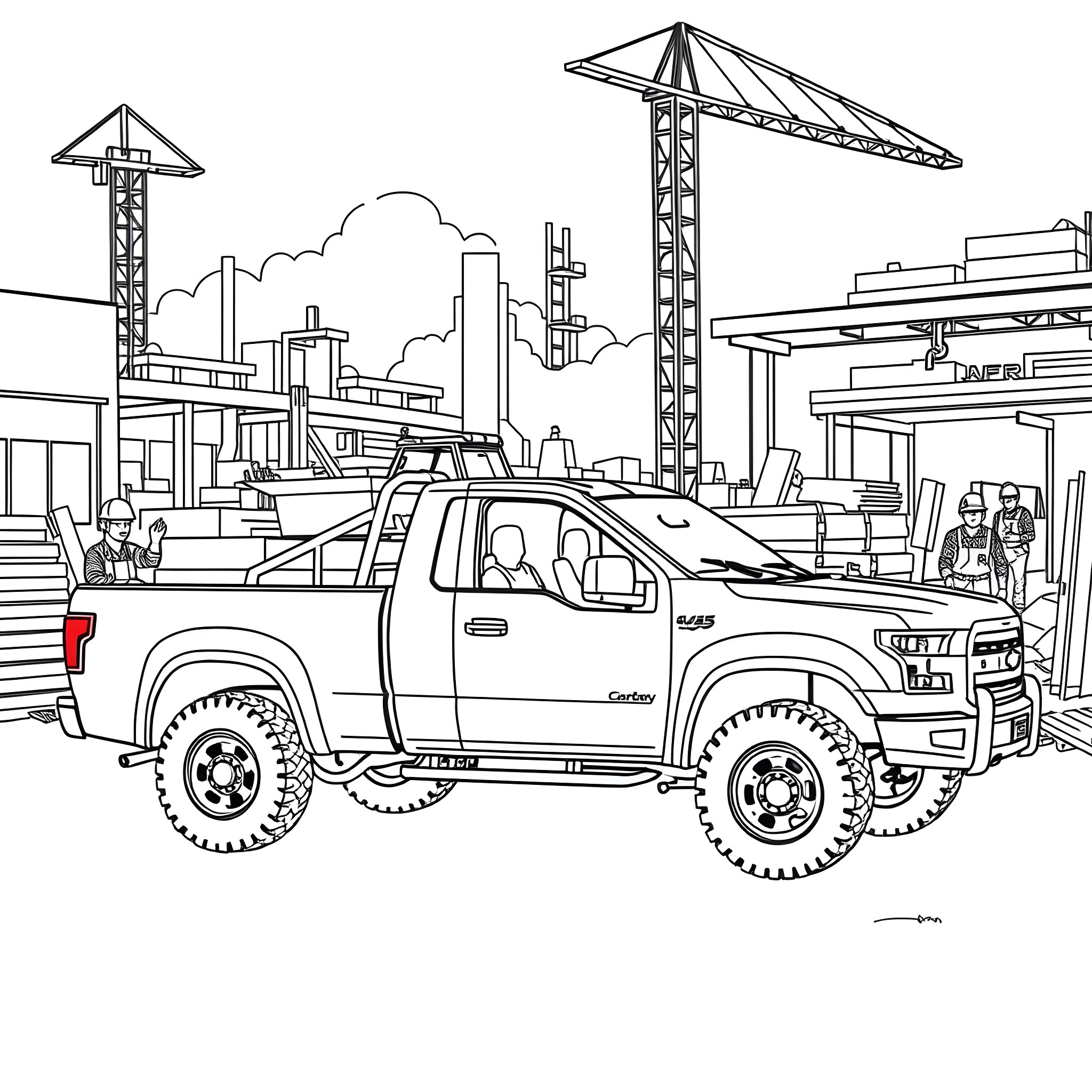 Pickup Truck Navigating Construction Site Coloring Page (free black-and-white line drawing printable PDF for all, from beginners to advanced learners, including children, teens, adults, and seniors)