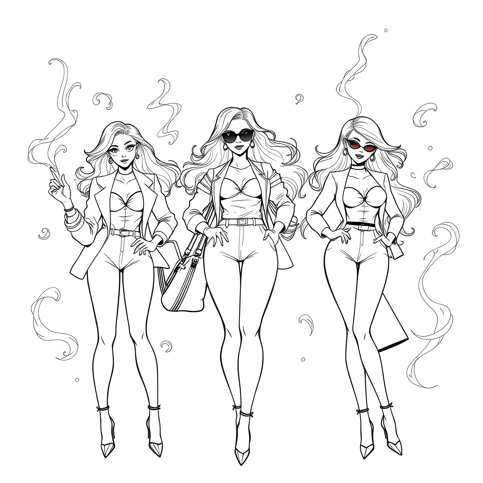 Women in stylish outfits posing with confidence Coloring Page (free black-and-white line drawing printable PDF for all, from beginners to advanced learners, including children, teens, adults, and seniors)