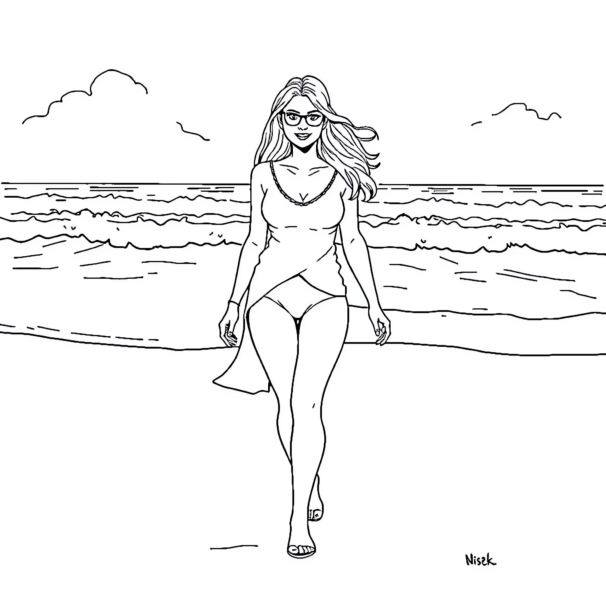 Gwen Stacy walking confidently on the beach Coloring Page (free black-and-white line drawing printable PDF for all, from beginners to advanced learners, including children, teens, adults, and seniors)