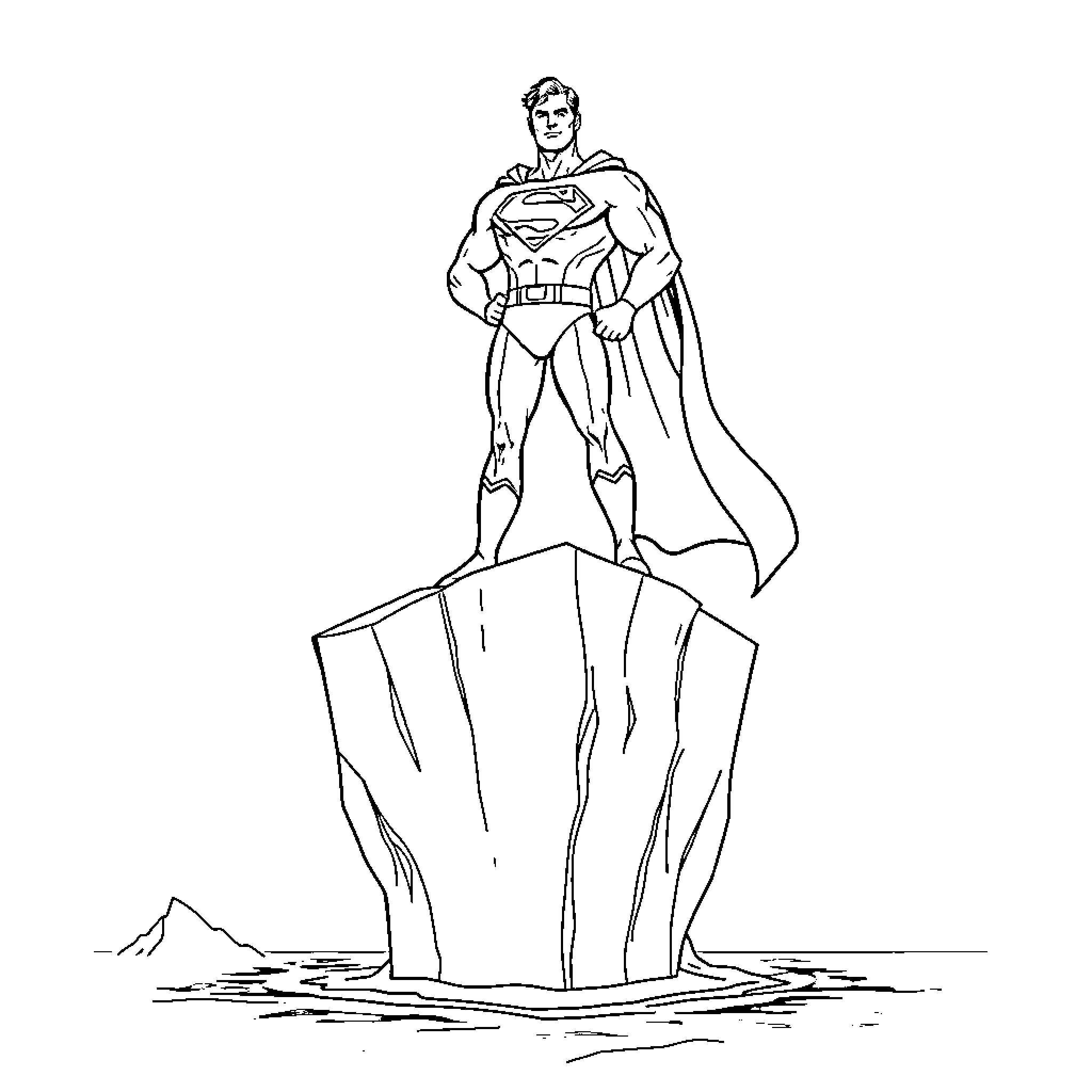Superman standing heroically on a cliff Coloring Page (free black-and-white line drawing printable PDF for all, from beginners to advanced learners, including children, teens, adults, and seniors)