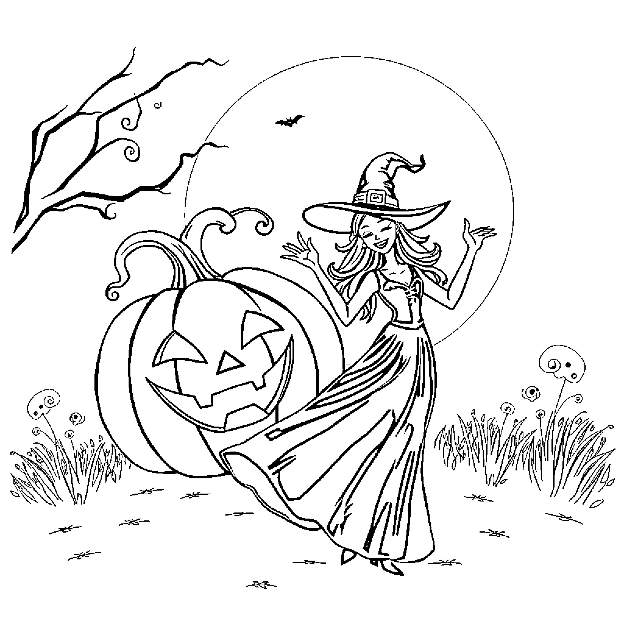 Pumpkin witch dancing under the moonlight Coloring Page (free black-and-white line drawing printable PDF for all, from beginners to advanced learners, including children, teens, adults, and seniors)