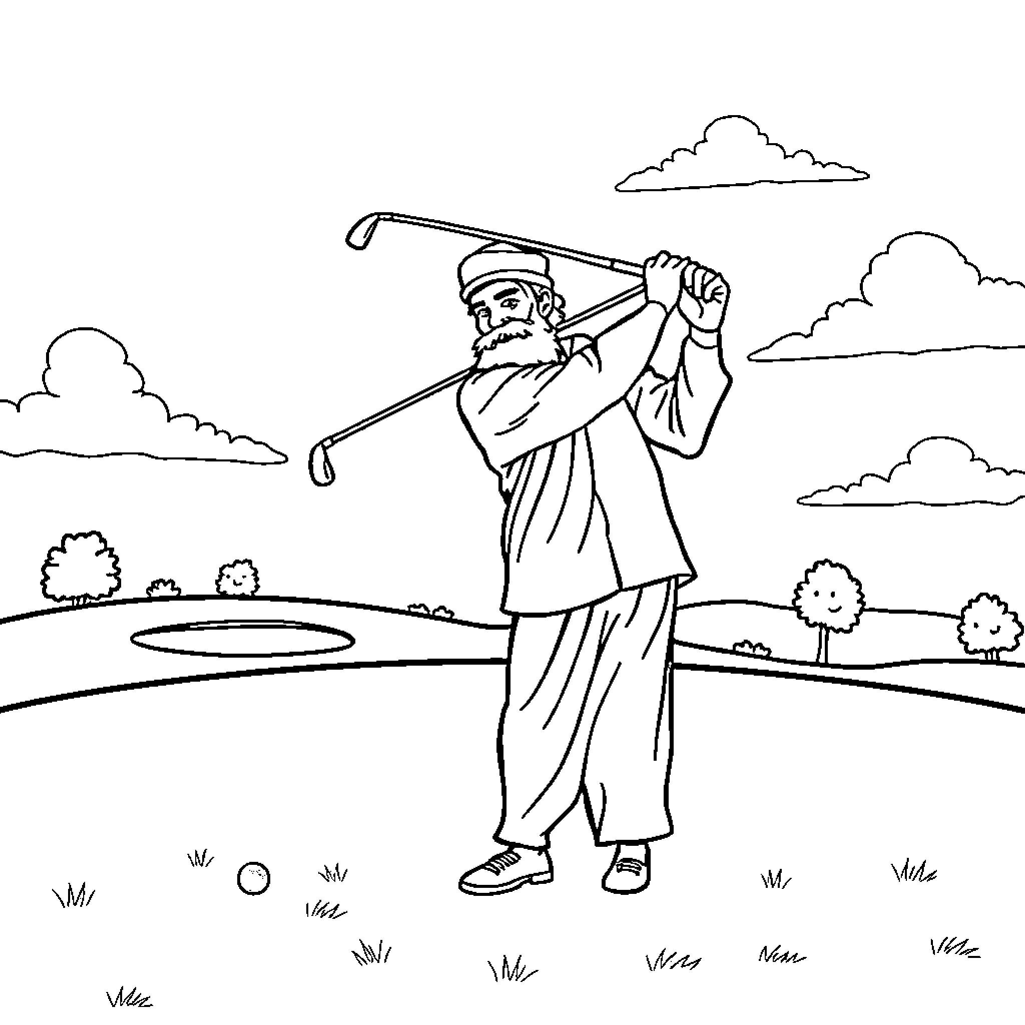 Rumi playing golf in the countryside Coloring Page (free black-and-white line drawing printable PDF for all, from beginners to advanced learners, including children, teens, adults, and seniors)