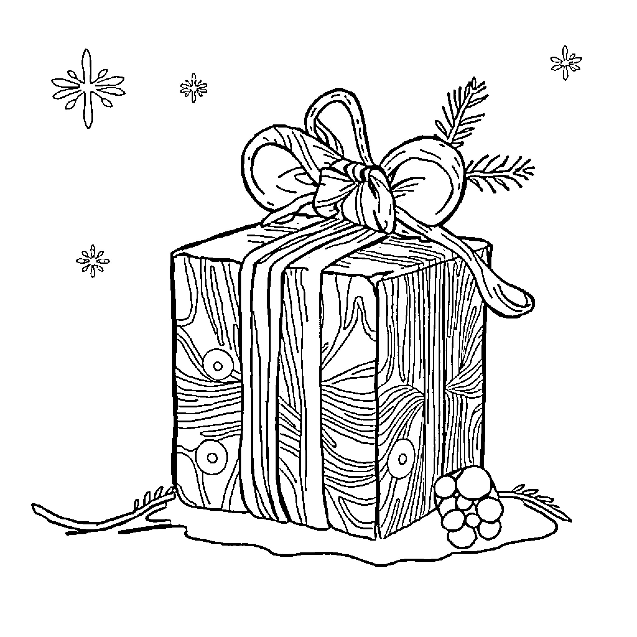 Stitch a festive gift box with decorations Coloring Page (free black-and-white line drawing printable PDF for all, from beginners to advanced learners, including children, teens, adults, and seniors)