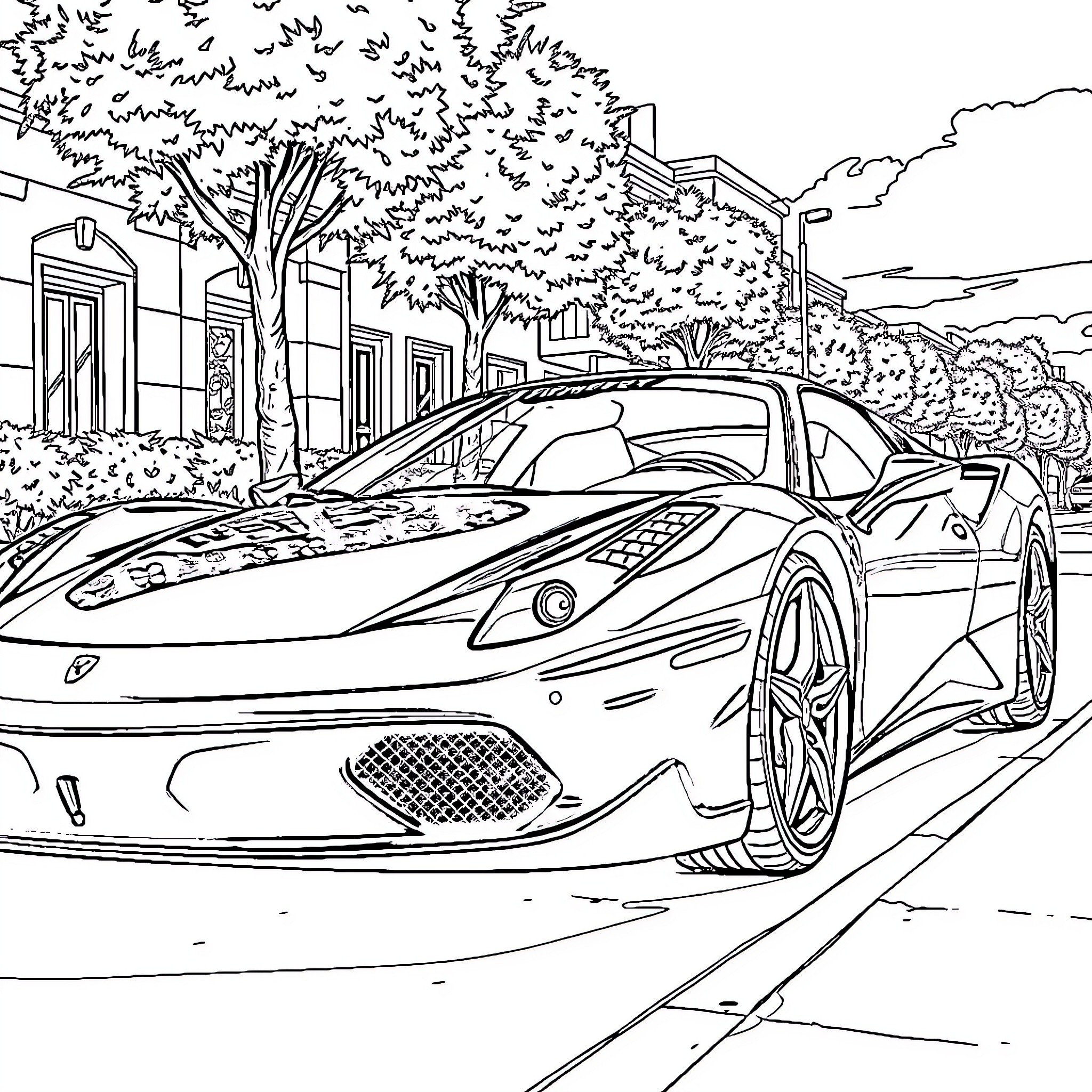 Ferrari Speeding Through Picturesque City Street Coloring Page (free black-and-white line drawing printable PDF for all, from beginners to advanced learners, including children, teens, adults, and seniors)