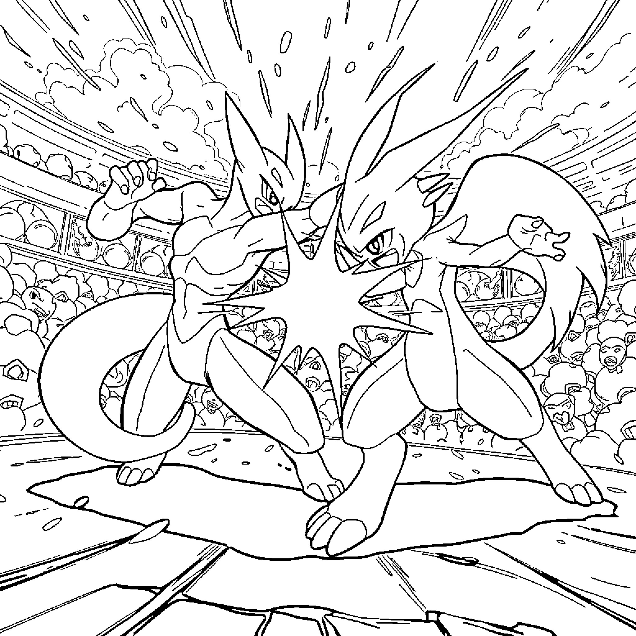 Mewtwo engaging in intense battle Coloring Page (free black-and-white line drawing printable PDF for all, from beginners to advanced learners, including children, teens, adults, and seniors)