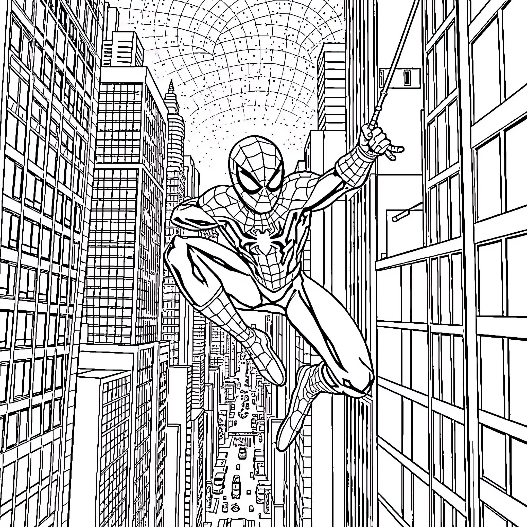 Spider-Man swinging high above the city streets Coloring Page (free black-and-white line drawing printable PDF for all, from beginners to advanced learners, including children, teens, adults, and seniors)