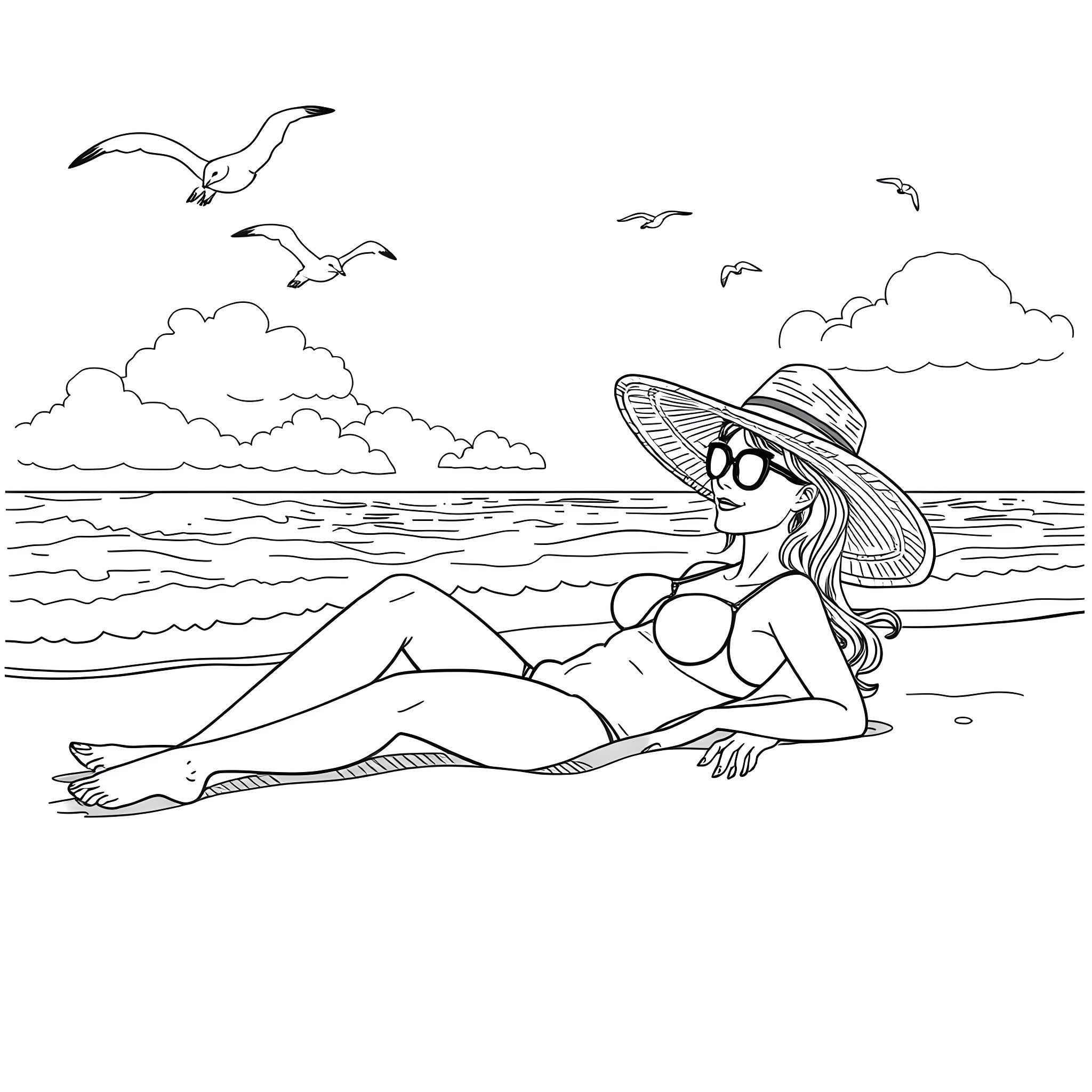Lady relaxing on the beach with seagulls Coloring Page (free black-and-white line drawing printable PDF for all, from beginners to advanced learners, including children, teens, adults, and seniors)