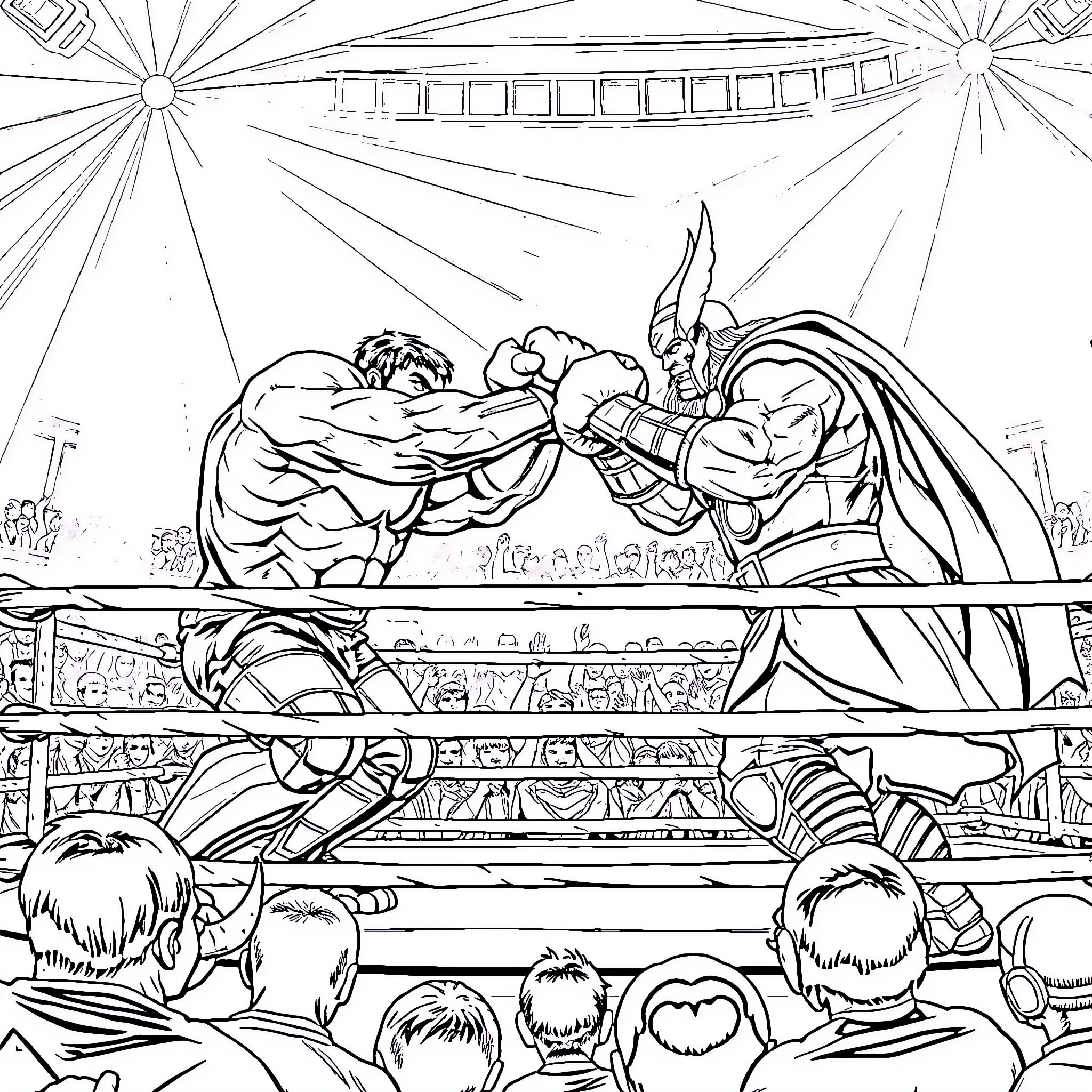 Hulk and Thor wrestling in a wrestling ring Coloring Page (free black-and-white line drawing printable PDF for all, from beginners to advanced learners, including children, teens, adults, and seniors)