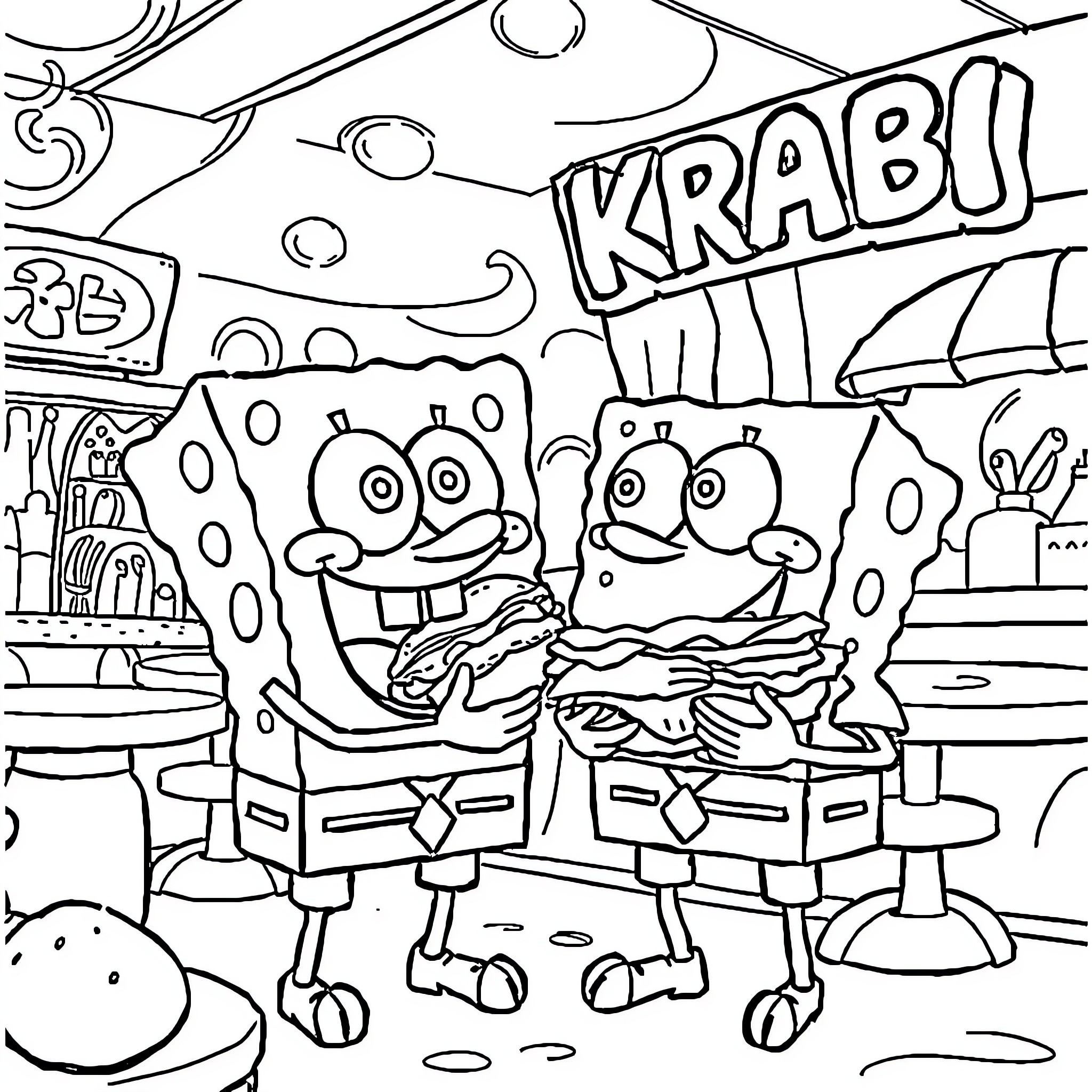 Bluey characters enjoying krabby patty snacks Coloring Page (free black-and-white line drawing printable PDF for all, from beginners to advanced learners, including children, teens, adults, and seniors)