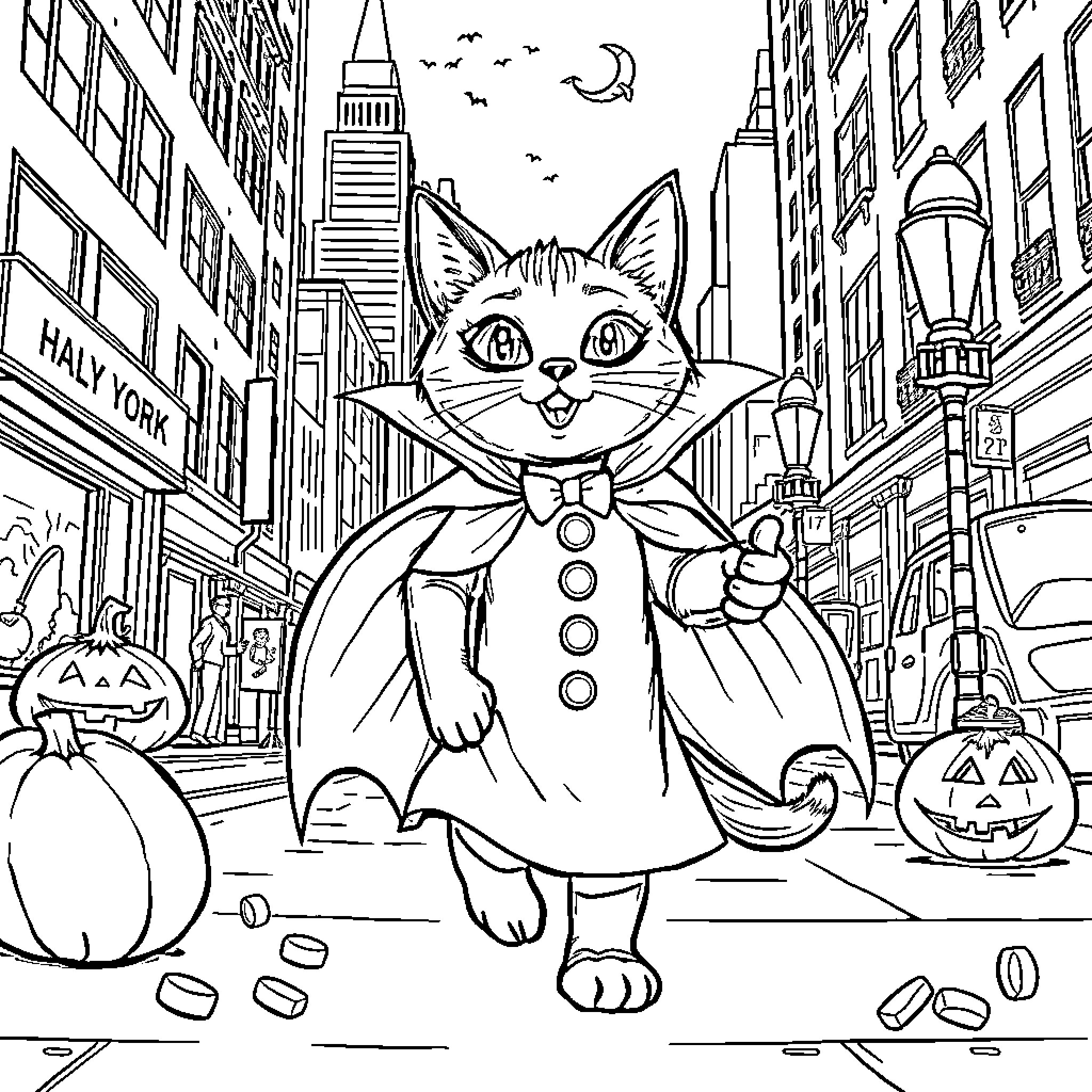 Cat in Halloween Costume Exploring City Streets Coloring Page (free black-and-white line drawing printable PDF for all, from beginners to advanced learners, including children, teens, adults, and seniors)