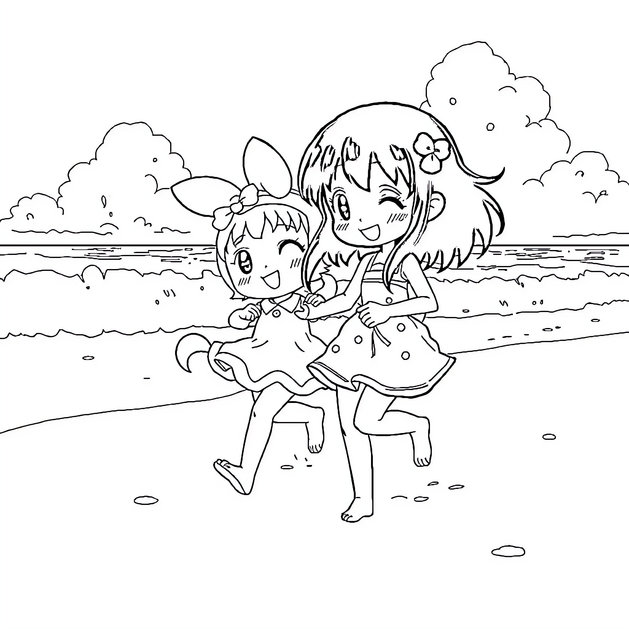 Kuromi and Friend Playing on the Beach Coloring Page (free black-and-white line drawing printable PDF for all, from beginners to advanced learners, including children, teens, adults, and seniors)