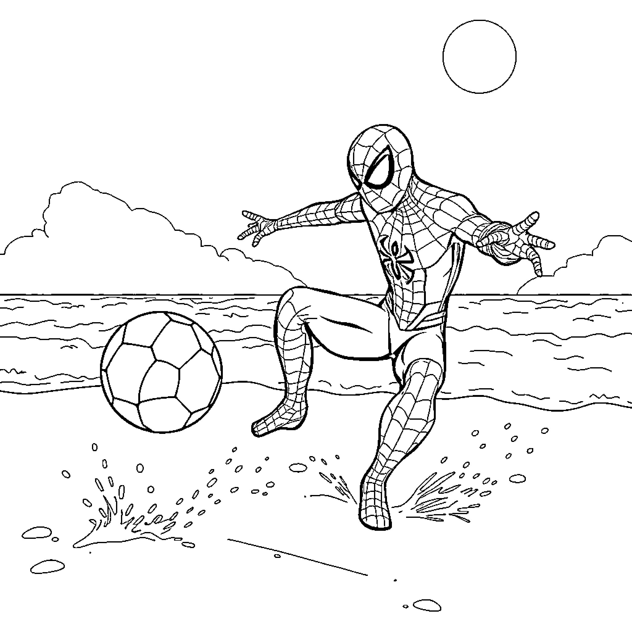 Spidey playing soccer on the sandy beach Coloring Page (free black-and-white line drawing printable PDF for all, from beginners to advanced learners, including children, teens, adults, and seniors)