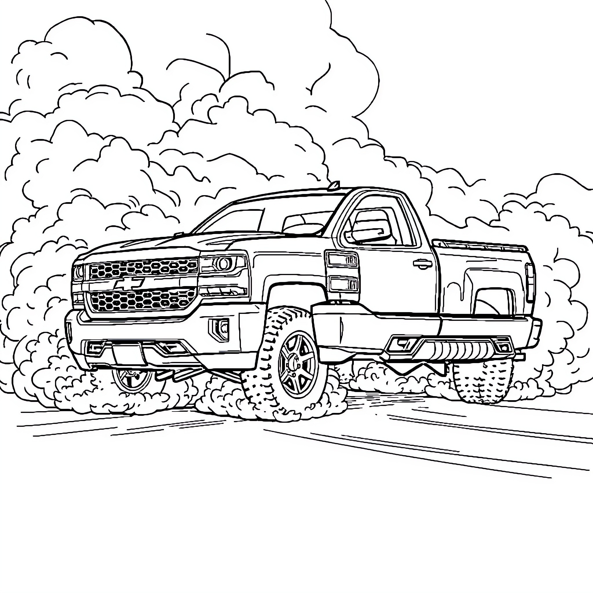 Silverado Truck Navigating Rugged Terrain Coloring Page (free black-and-white line drawing printable PDF for all, from beginners to advanced learners, including children, teens, adults, and seniors)