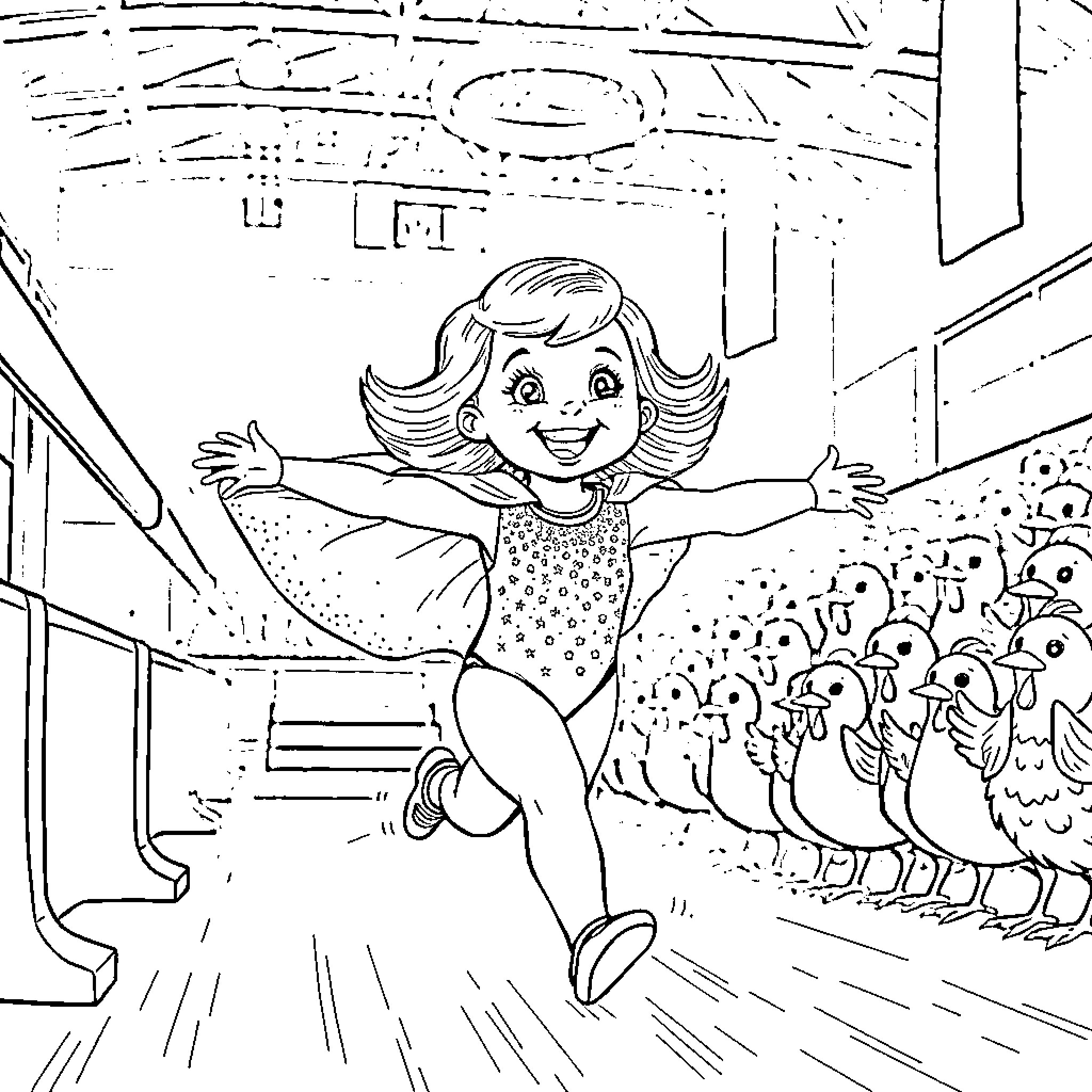 Toddler joyfully dancing in a classroom Coloring Page (free black-and-white line drawing printable PDF for all, from beginners to advanced learners, including children, teens, adults, and seniors)