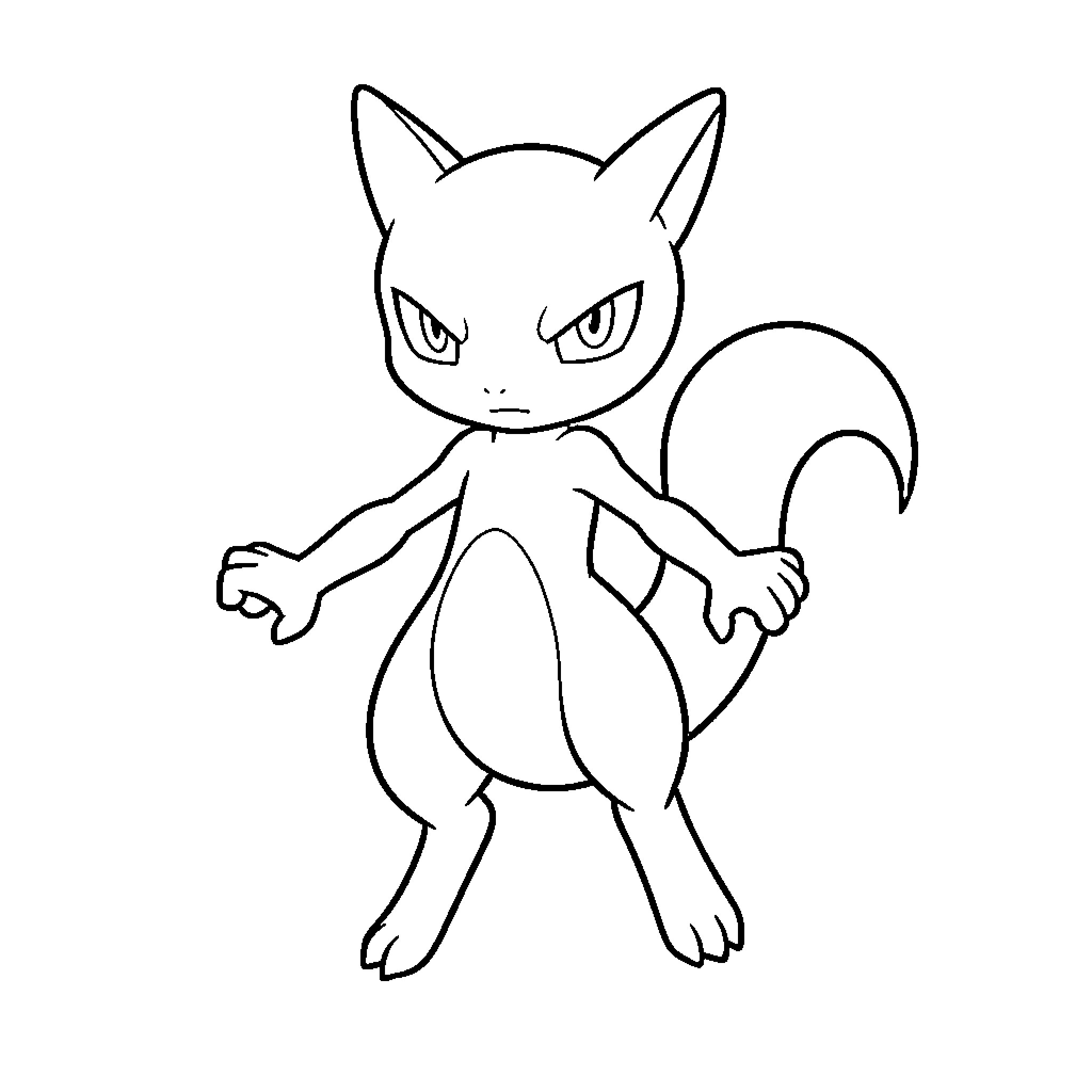 Mewtwo in a Fierce Pose Coloring Page (free black-and-white line drawing printable PDF for all, from beginners to advanced learners, including children, teens, adults, and seniors)