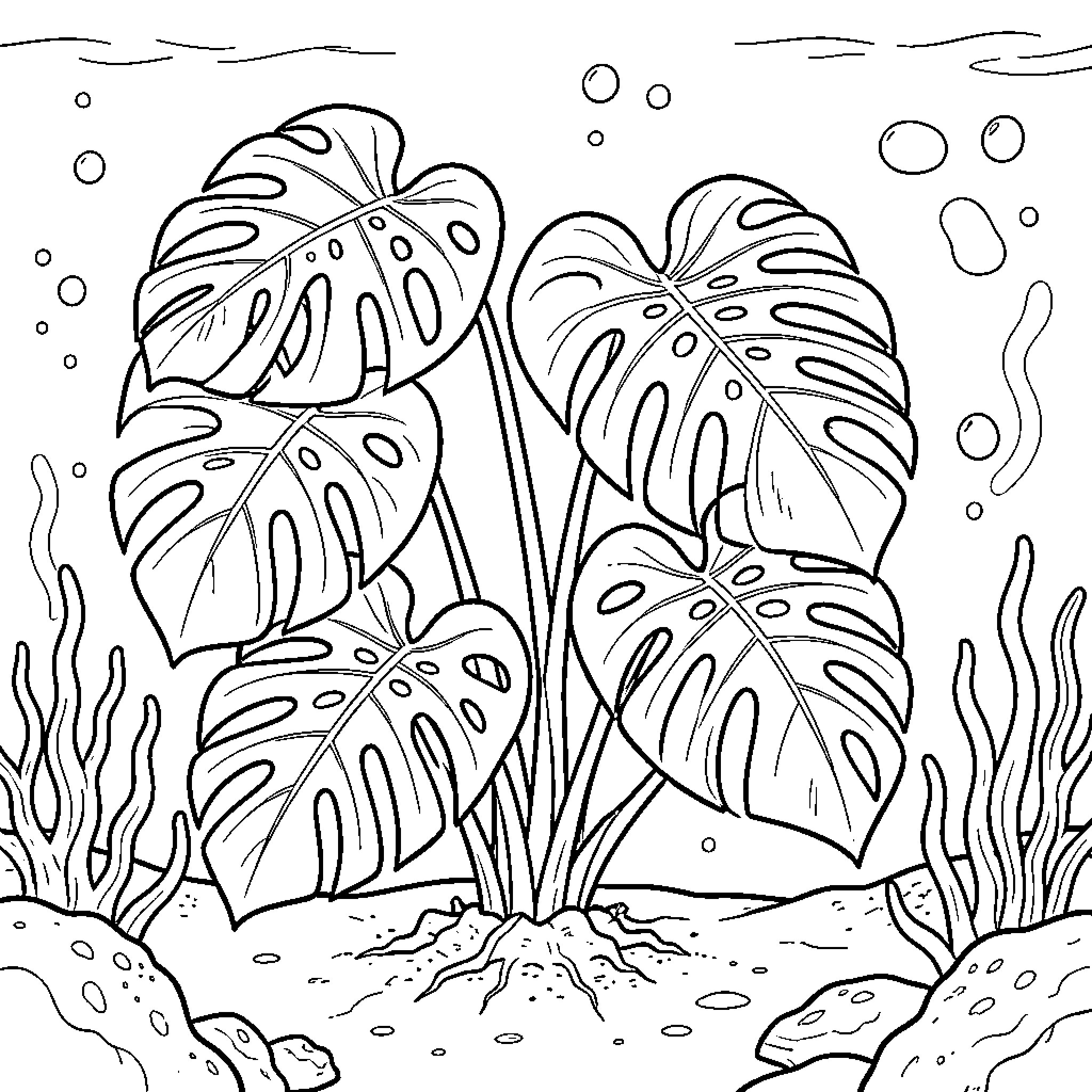 Monstera plants growing amidst underwater bubbles and seaweed Coloring Page (free black-and-white line drawing printable PDF for all, from beginners to advanced learners, including children, teens, adults, and seniors)