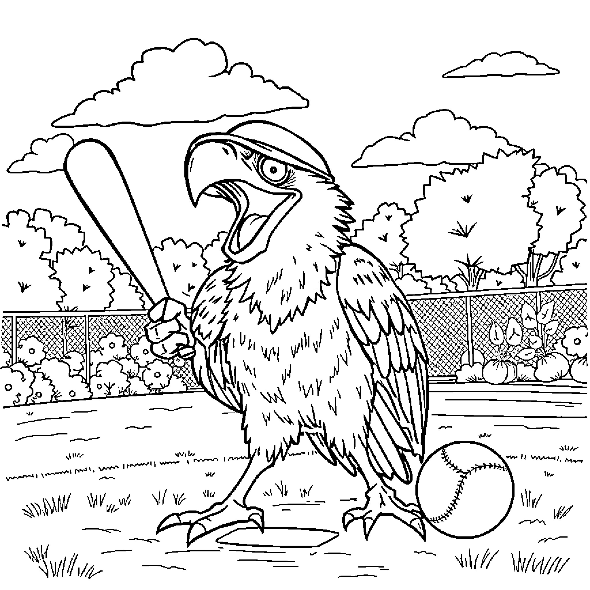 Raptor Holding Baseball Bat in Outdoor Setting Coloring Page (free black-and-white line drawing printable PDF for all, from beginners to advanced learners, including children, teens, adults, and seniors)