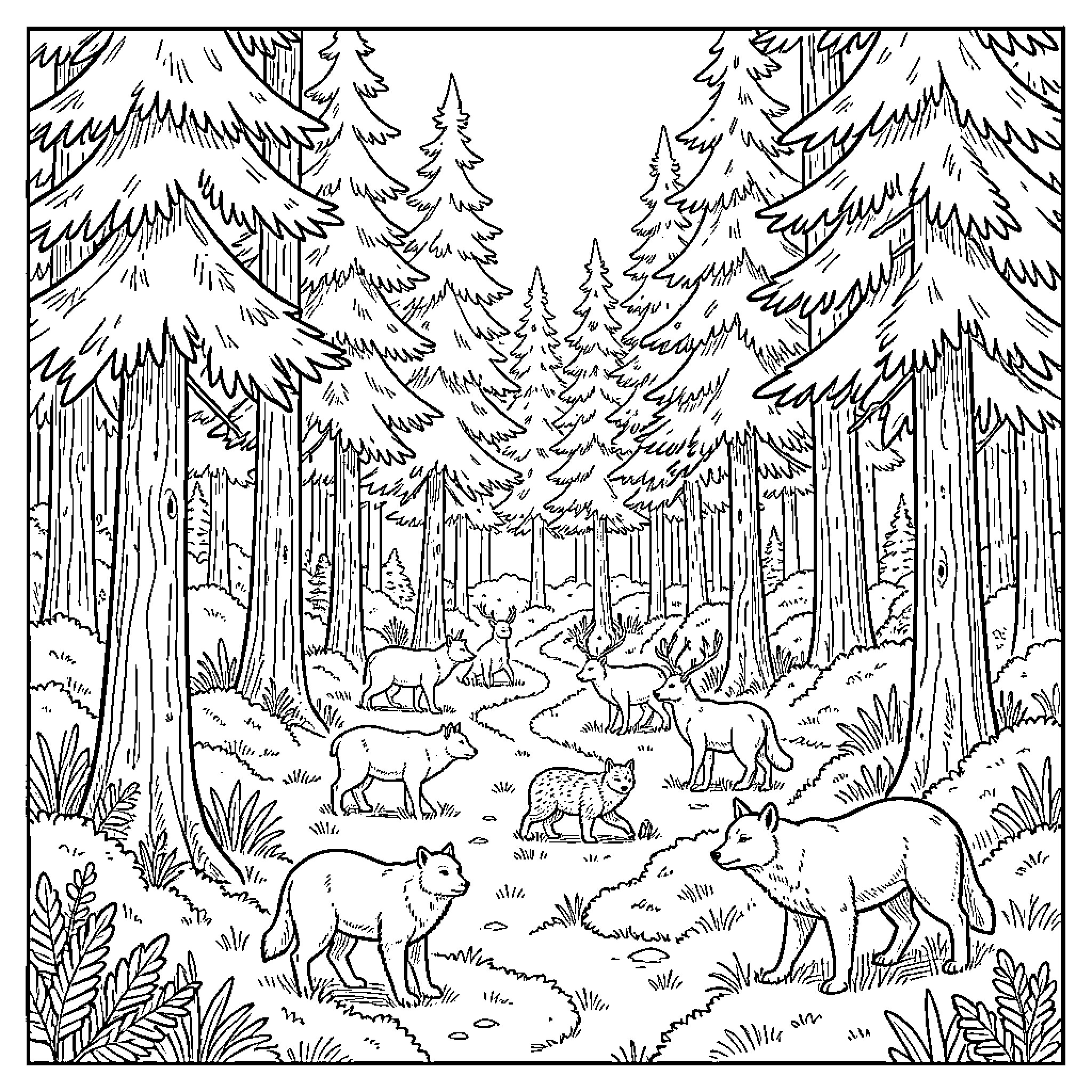 Forest animals walking through a dense woodland Coloring Page (free black-and-white line drawing printable PDF for all, from beginners to advanced learners, including children, teens, adults, and seniors)