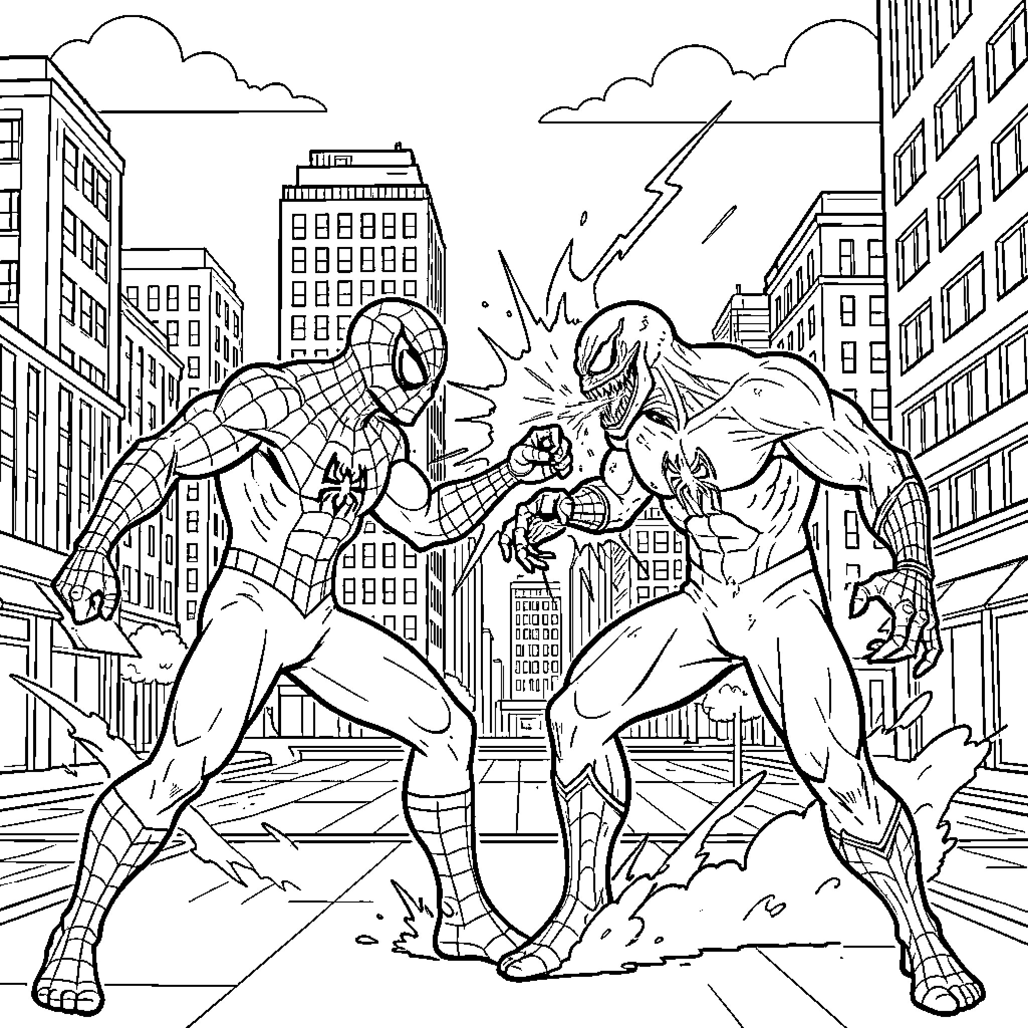 Spider-Man battling a powerful villain in the city Coloring Page (free black-and-white line drawing printable PDF for all, from beginners to advanced learners, including children, teens, adults, and seniors)
