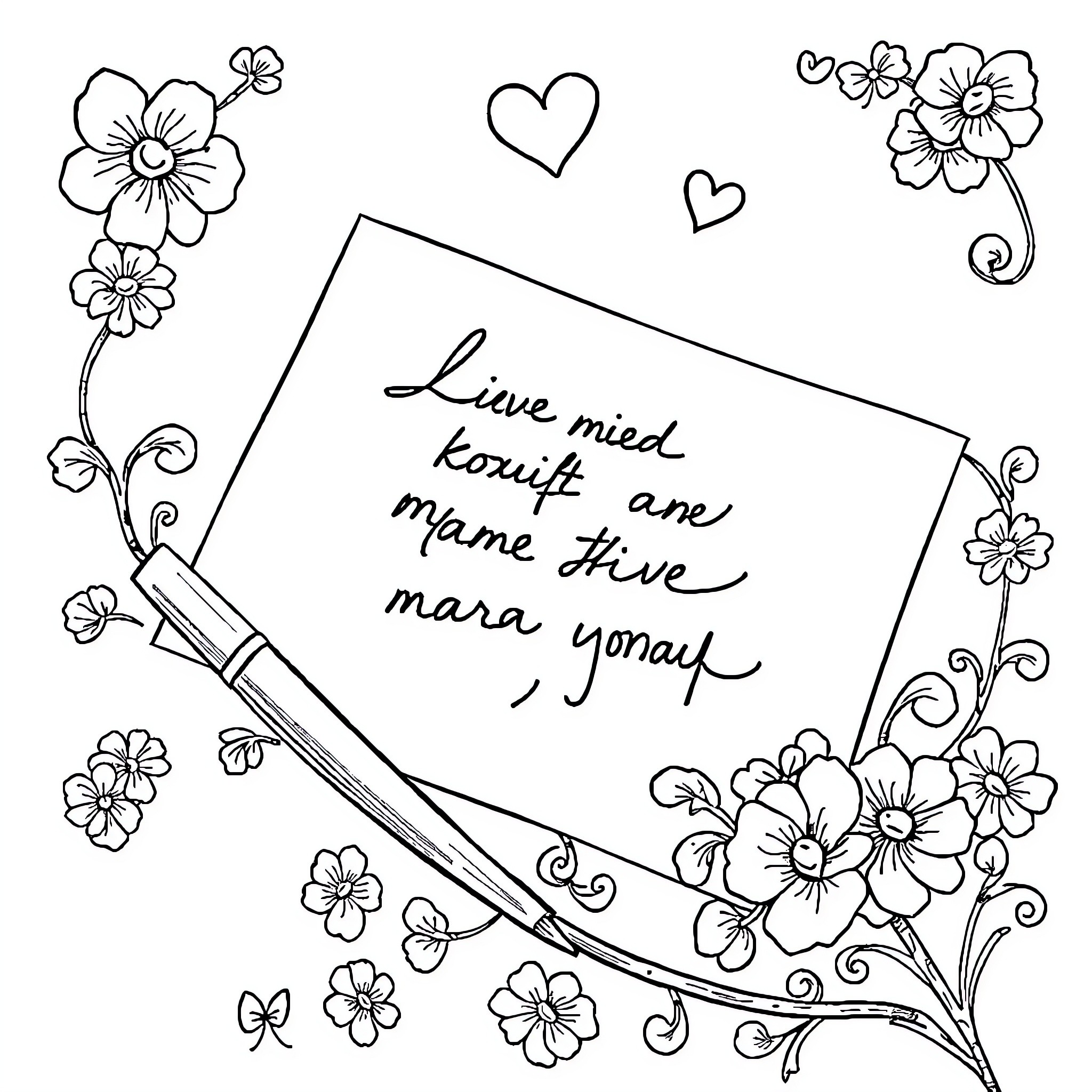 Love Letter with Floral Decorations and Heartfelt Message Coloring Page (free black-and-white line drawing printable PDF for all, from beginners to advanced learners, including children, teens, adults, and seniors)