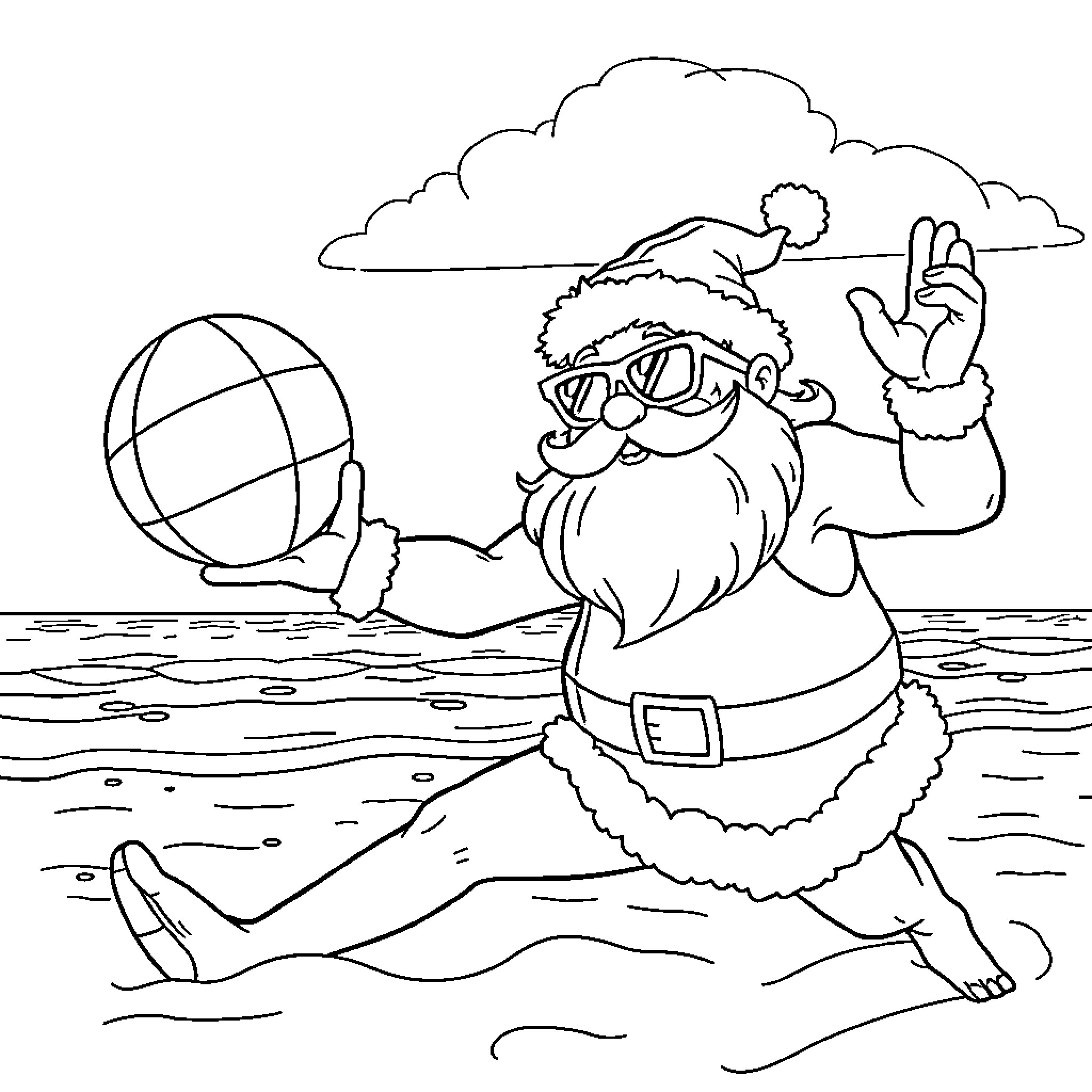 Santa's Relaxing Beach Day Coloring Page (free black-and-white line drawing printable PDF for all, from beginners to advanced learners, including children, teens, adults, and seniors)