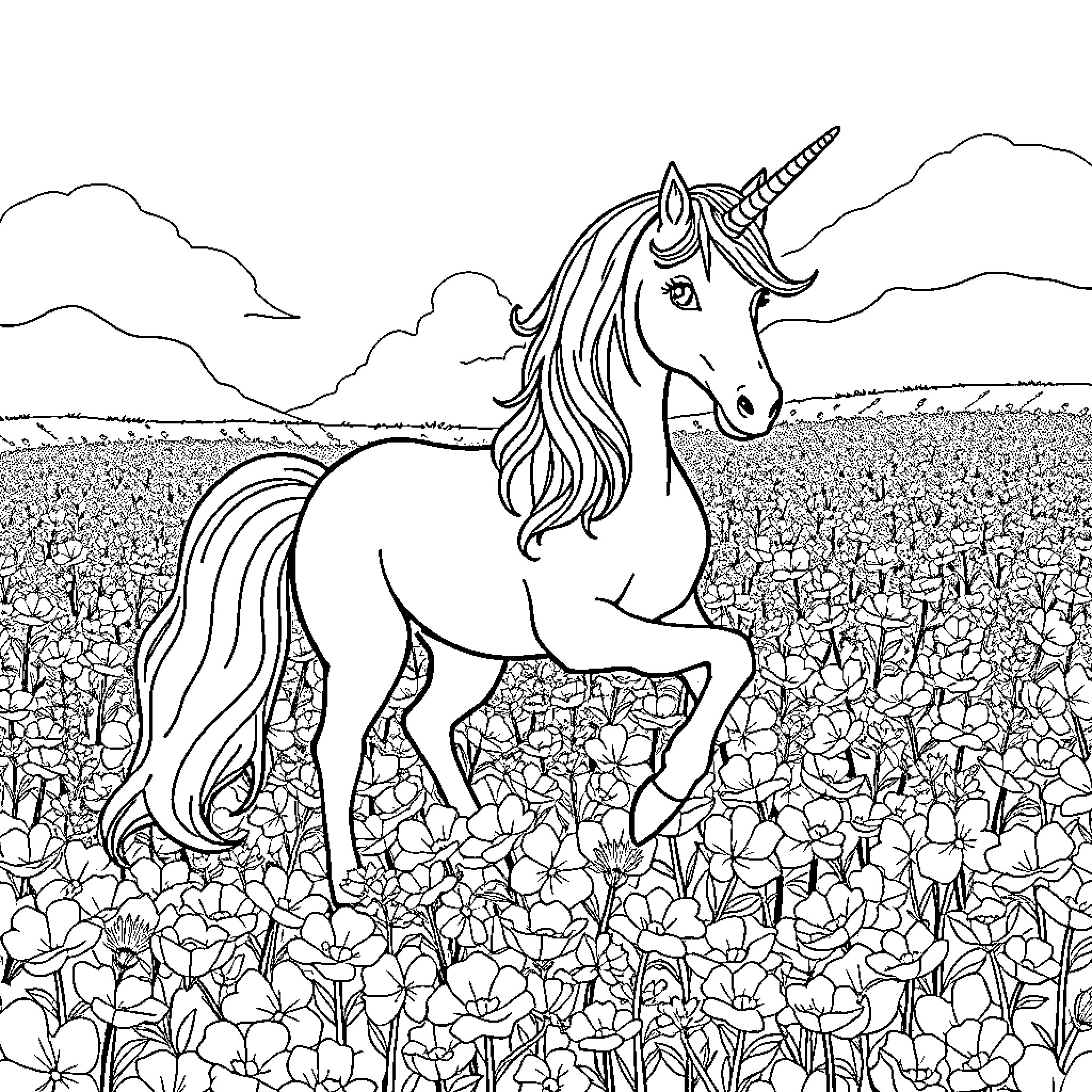 Unicorn standing majestically in a field of flowers Coloring Page (free black-and-white line drawing printable PDF for all, from beginners to advanced learners, including children, teens, adults, and seniors)