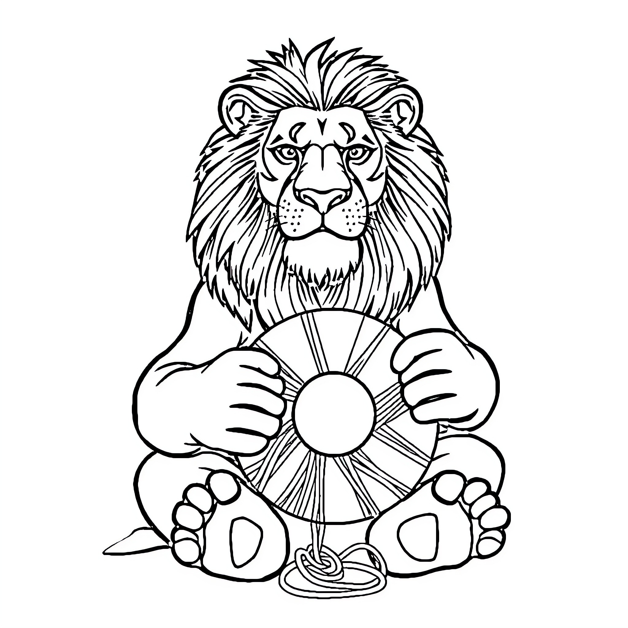 Lion meditating with spiritual symbols Coloring Page (free black-and-white line drawing printable PDF for all, from beginners to advanced learners, including children, teens, adults, and seniors)