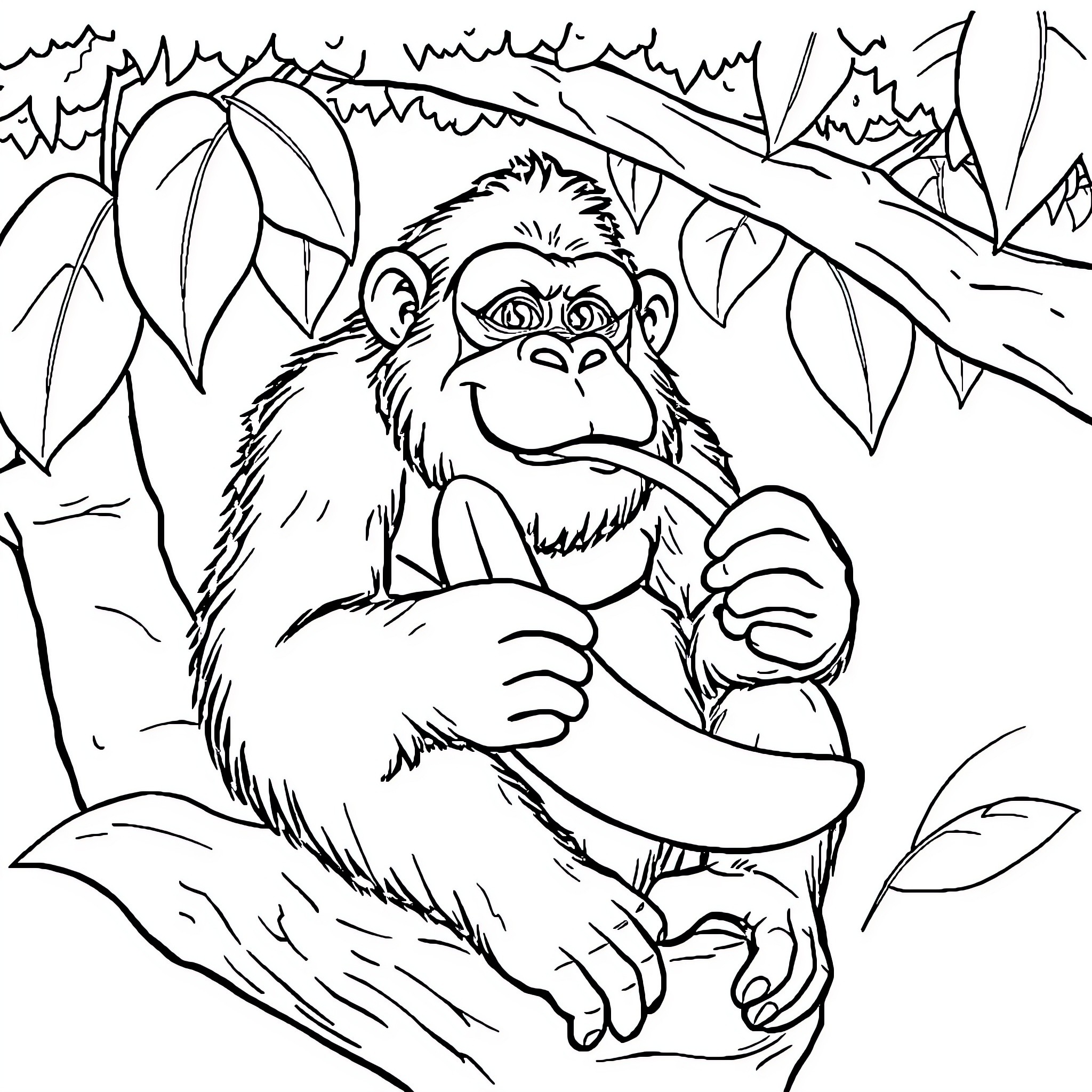 Ape enjoying a peaceful moment in the forest Coloring Page (free black-and-white line drawing printable PDF for all, from beginners to advanced learners, including children, teens, adults, and seniors)
