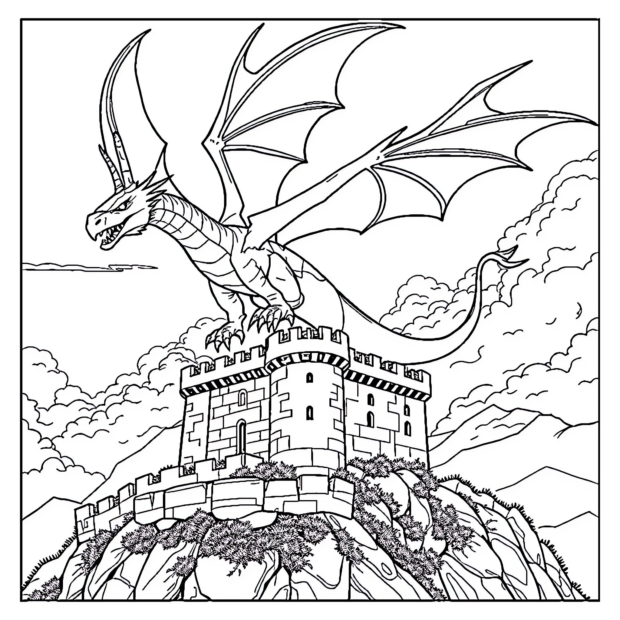 Dragon soaring above the medieval castle Coloring Page (free black-and-white line drawing printable PDF for all, from beginners to advanced learners, including children, teens, adults, and seniors)