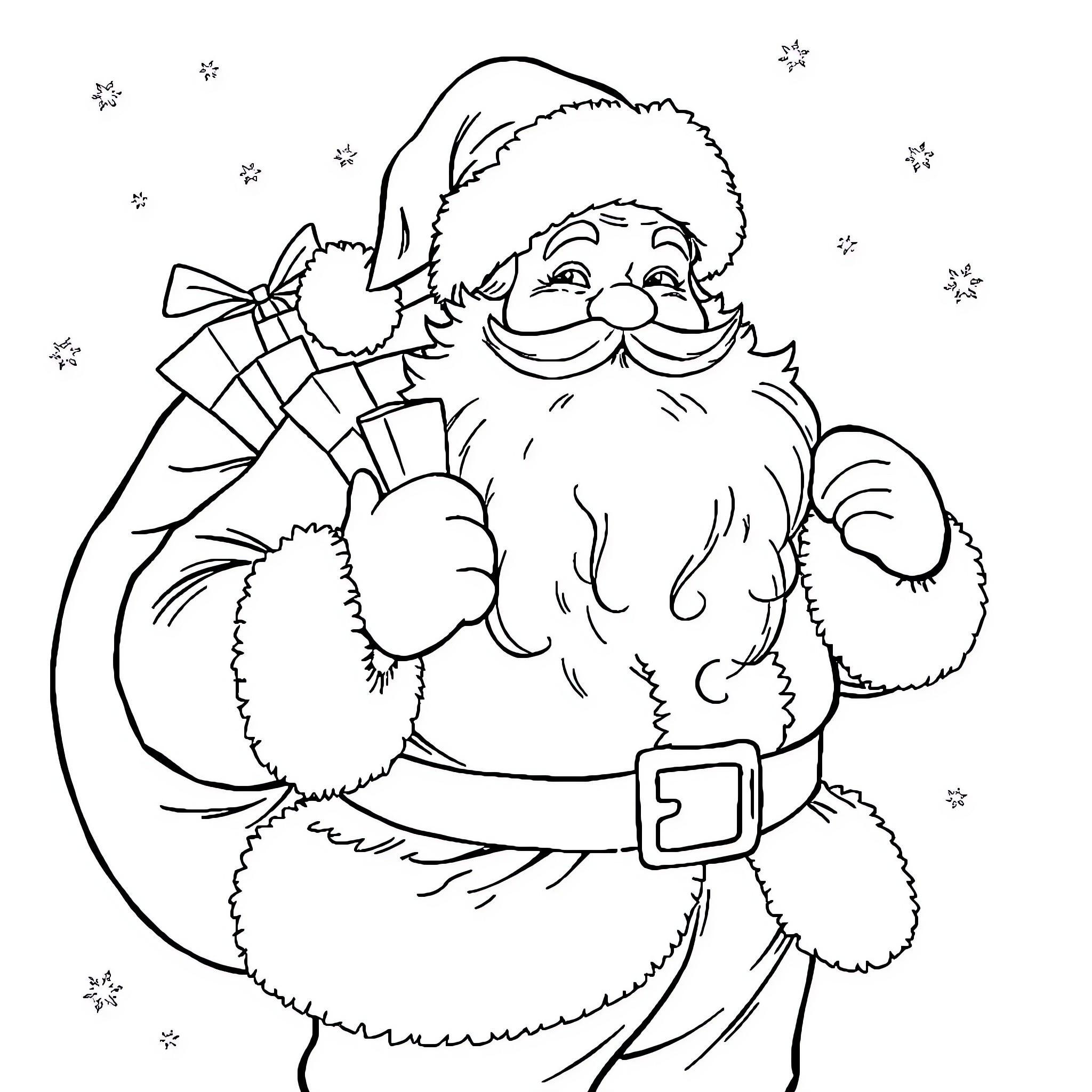 Santa Carrying Gifts and Spreading Holiday Cheer Coloring Page (free black-and-white line drawing printable PDF for all, from beginners to advanced learners, including children, teens, adults, and seniors)