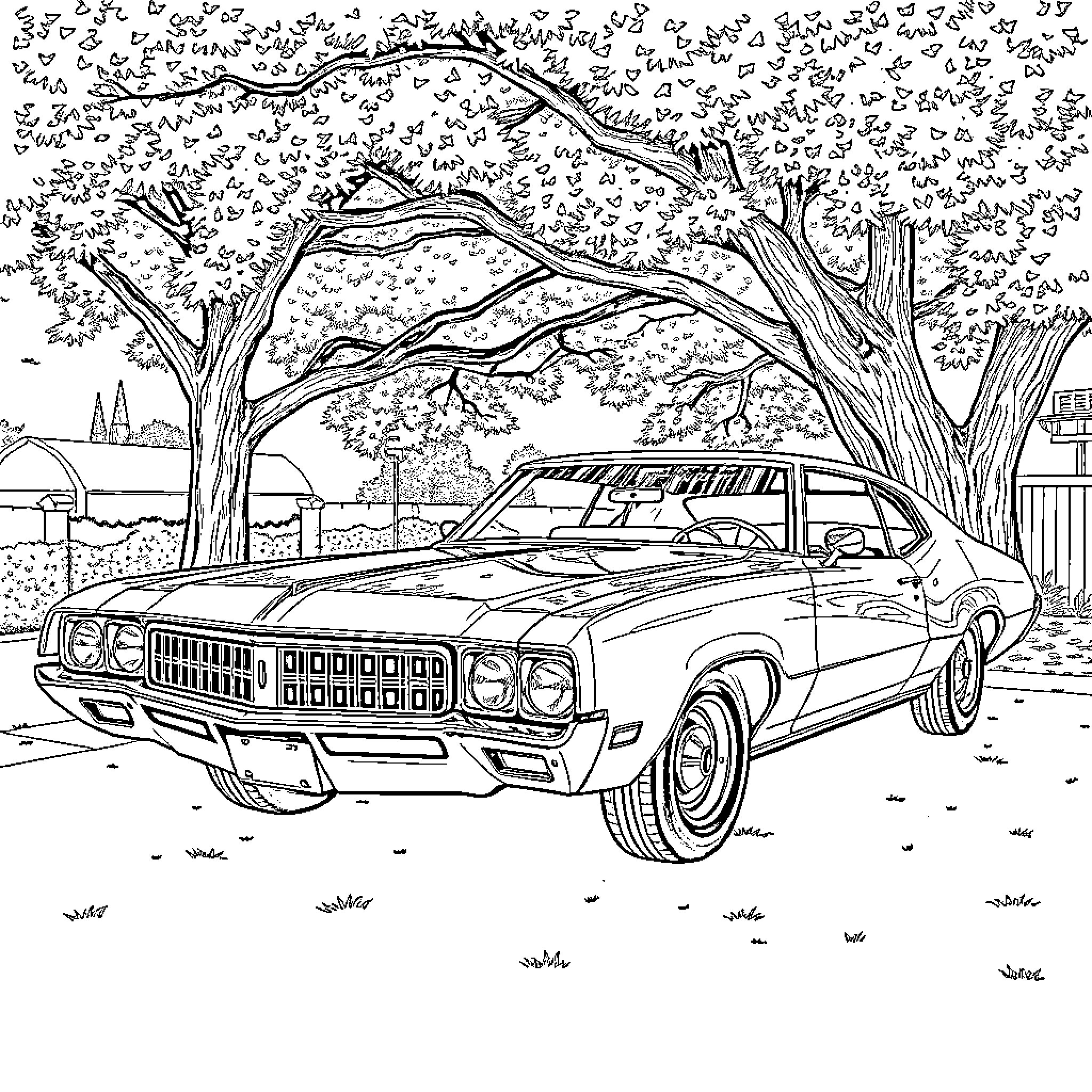 Buick car in a lush outdoor scene Coloring Page (free black-and-white line drawing printable PDF for all, from beginners to advanced learners, including children, teens, adults, and seniors)