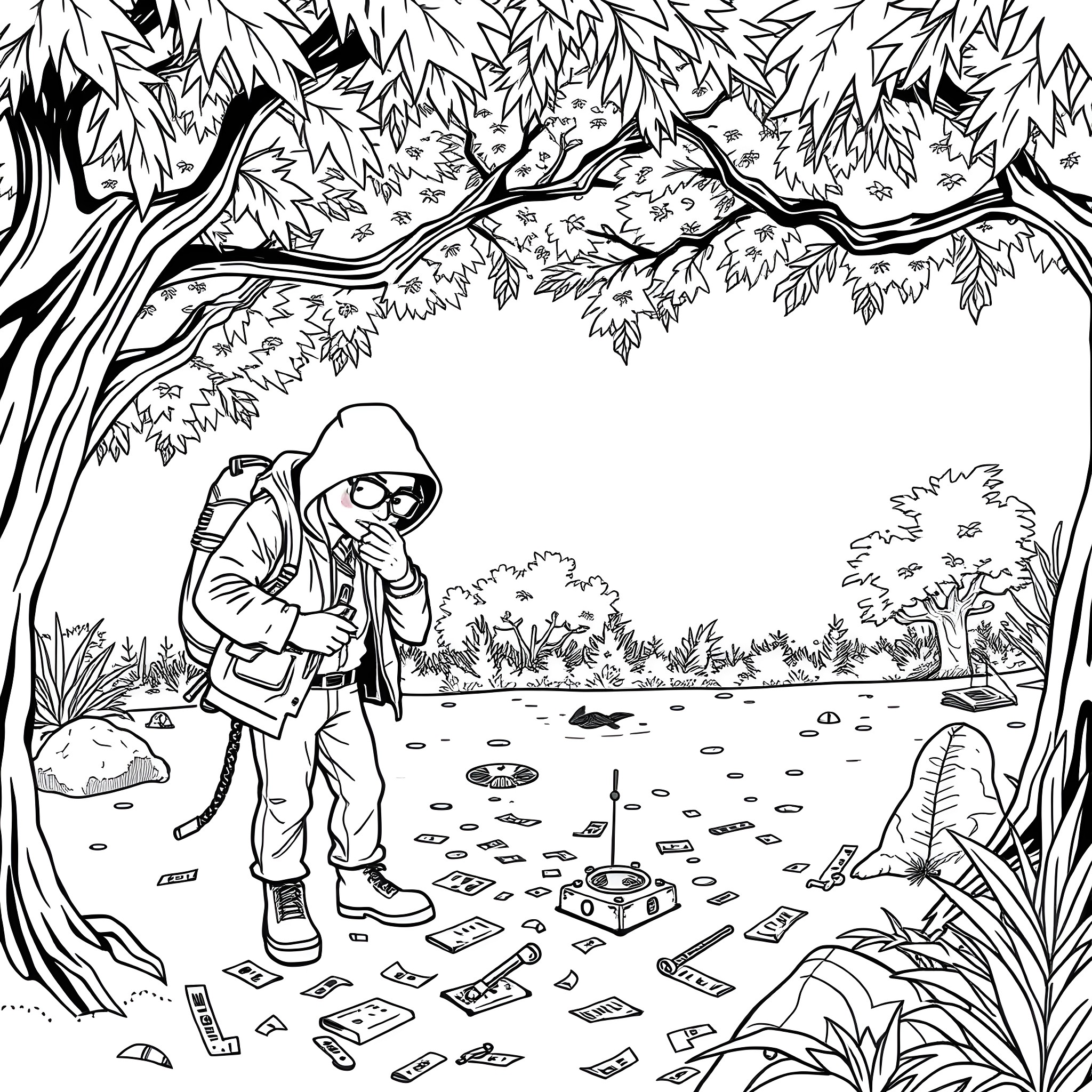 Investigator searching for clues in the forest Coloring Page (free black-and-white line drawing printable PDF for all, from beginners to advanced learners, including children, teens, adults, and seniors)