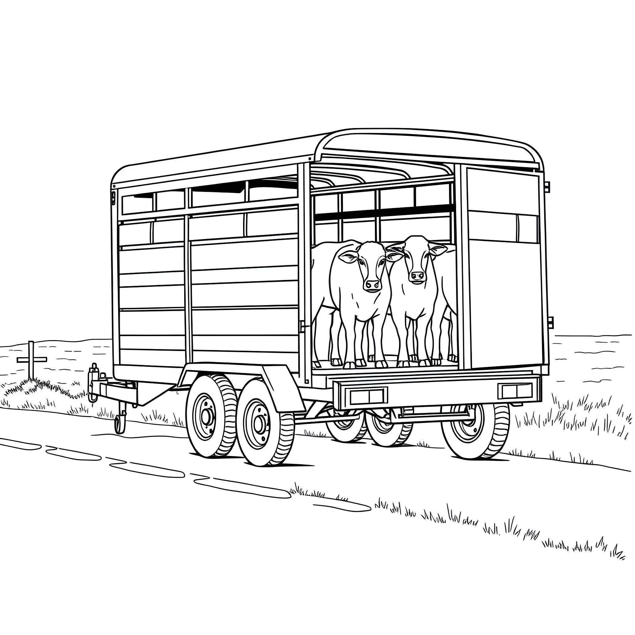 Livestock Trailer Transporting Animals Across Rural Landscape Coloring Page (free black-and-white line drawing printable PDF for all, from beginners to advanced learners, including children, teens, adults, and seniors)