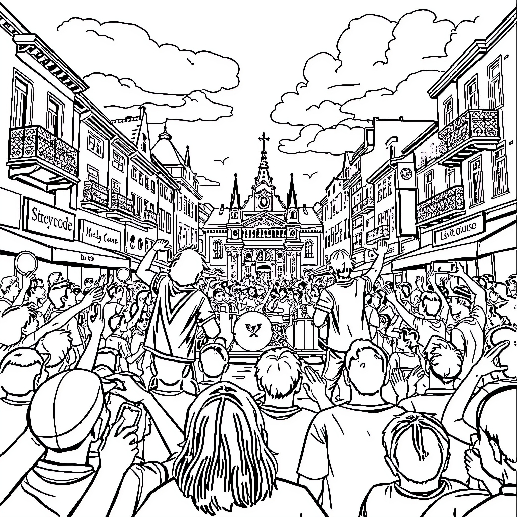 Straykids performing on a crowded city street Coloring Page (free black-and-white line drawing printable PDF for all, from beginners to advanced learners, including children, teens, adults, and seniors)
