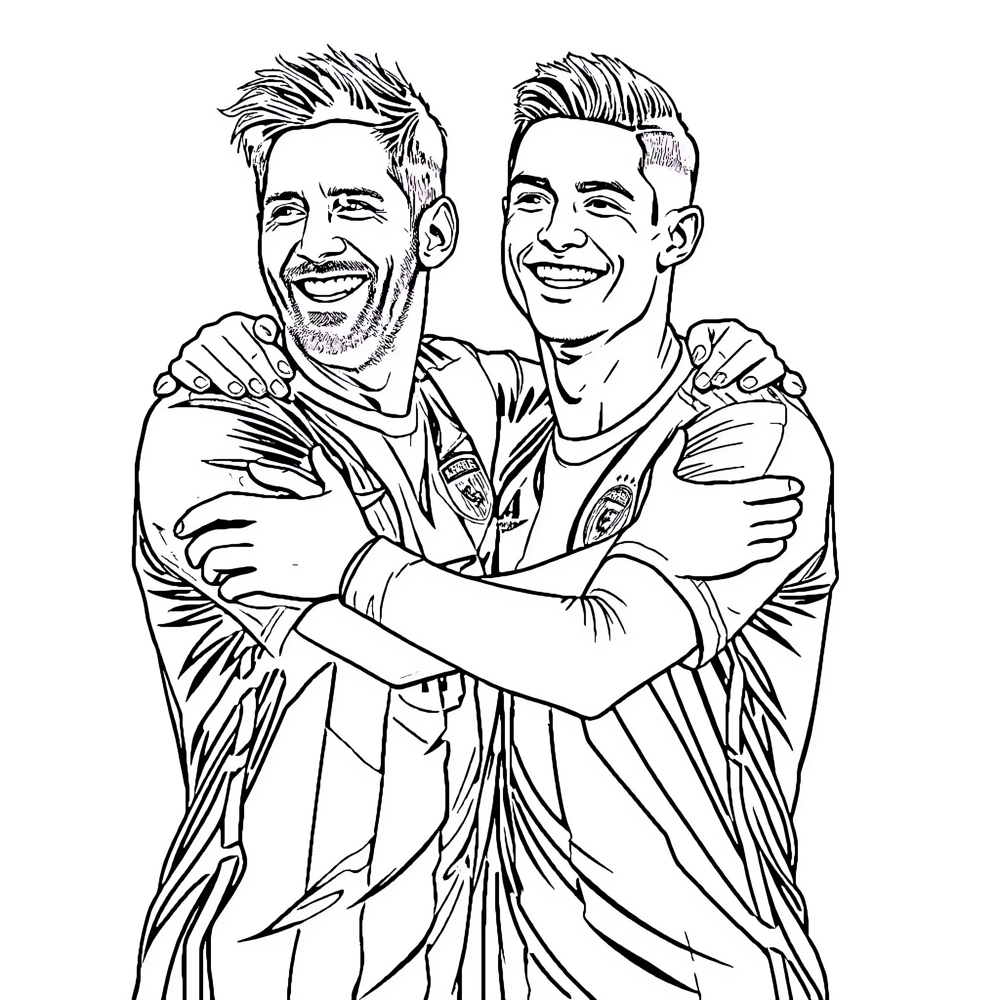 Lionel Messi and teammate celebrating victory Coloring Page (free black-and-white line drawing printable PDF for all, from beginners to advanced learners, including children, teens, adults, and seniors)