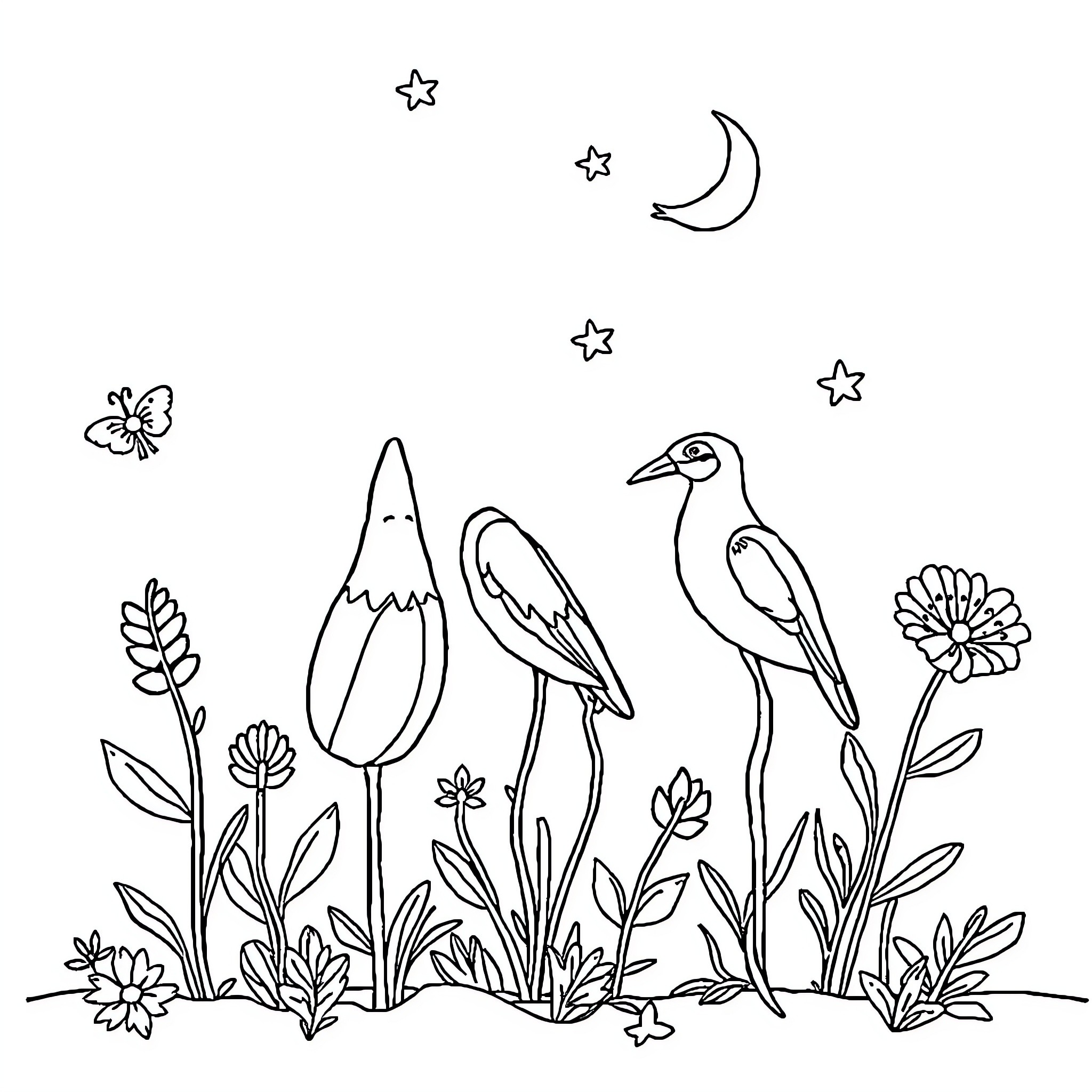 Shapes of nature's wonders in the night Coloring Page (free black-and-white line drawing printable PDF for all, from beginners to advanced learners, including children, teens, adults, and seniors)