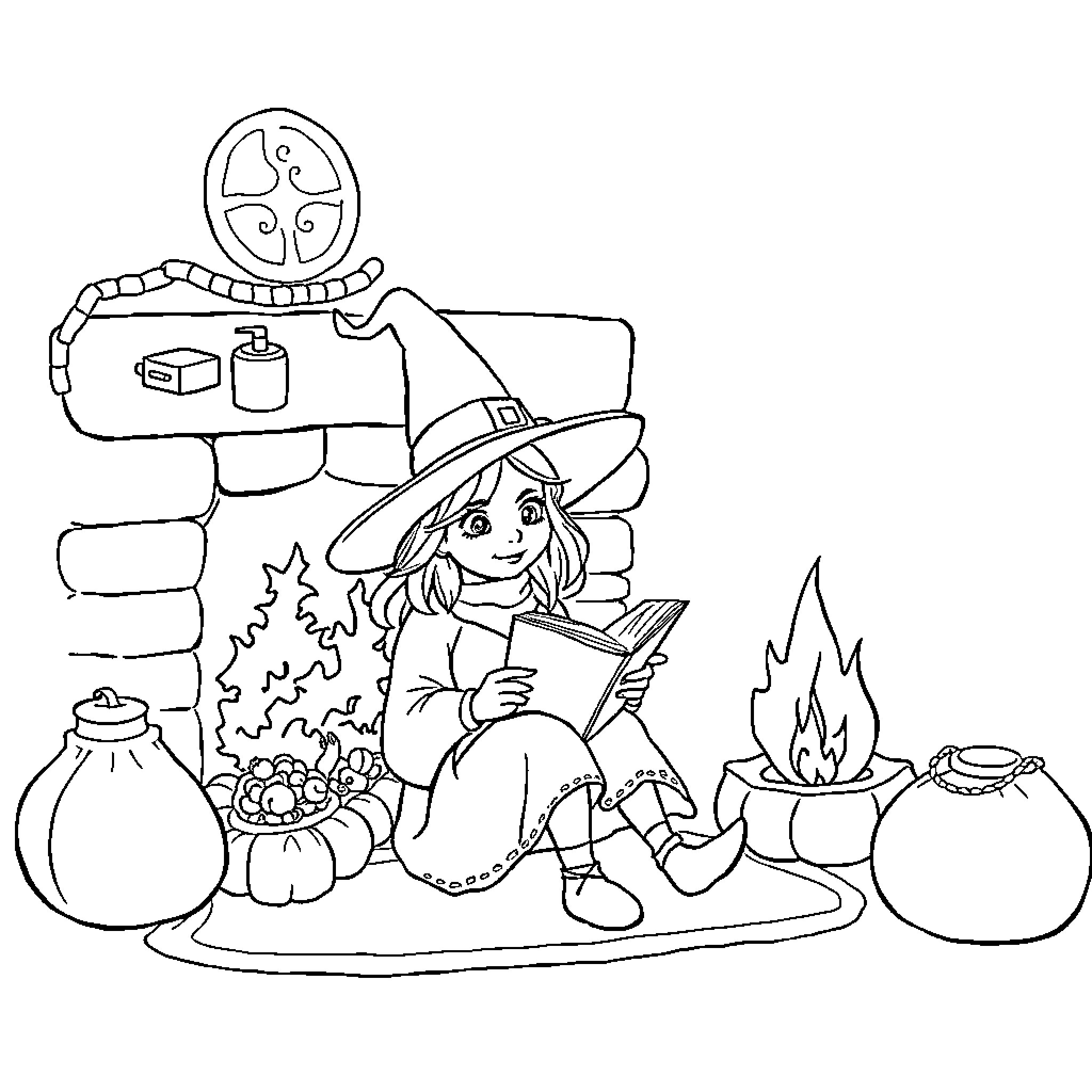 Witch Conjuring Magical Potions in Enchanted Cottage Coloring Page (free black-and-white line drawing printable PDF for all, from beginners to advanced learners, including children, teens, adults, and seniors)