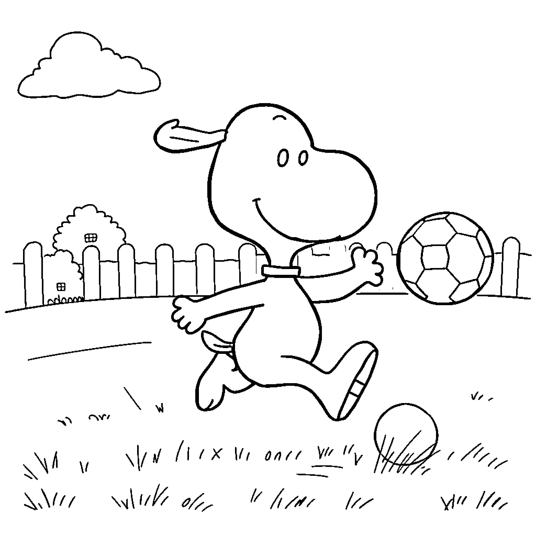 Snoopy playing soccer in the park Coloring Page (free black-and-white line drawing printable PDF for all, from beginners to advanced learners, including children, teens, adults, and seniors)