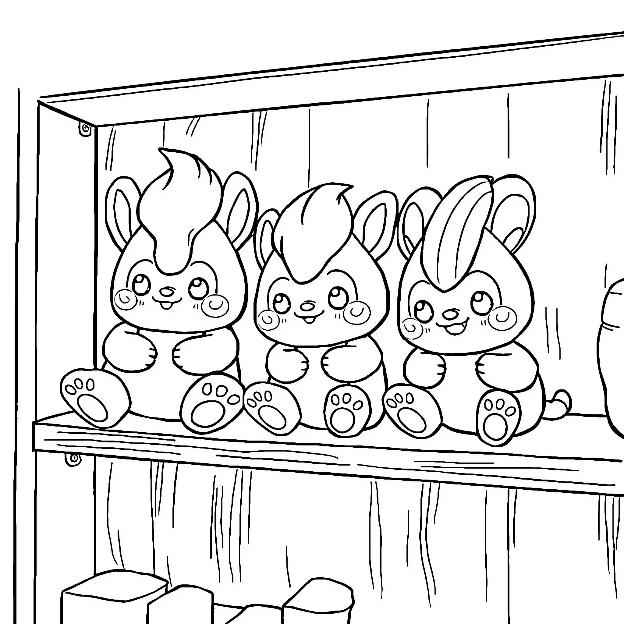 Sprunki Plush Toys Displayed on Shelves Coloring Page (free black-and-white line drawing printable PDF for all, from beginners to advanced learners, including children, teens, adults, and seniors)