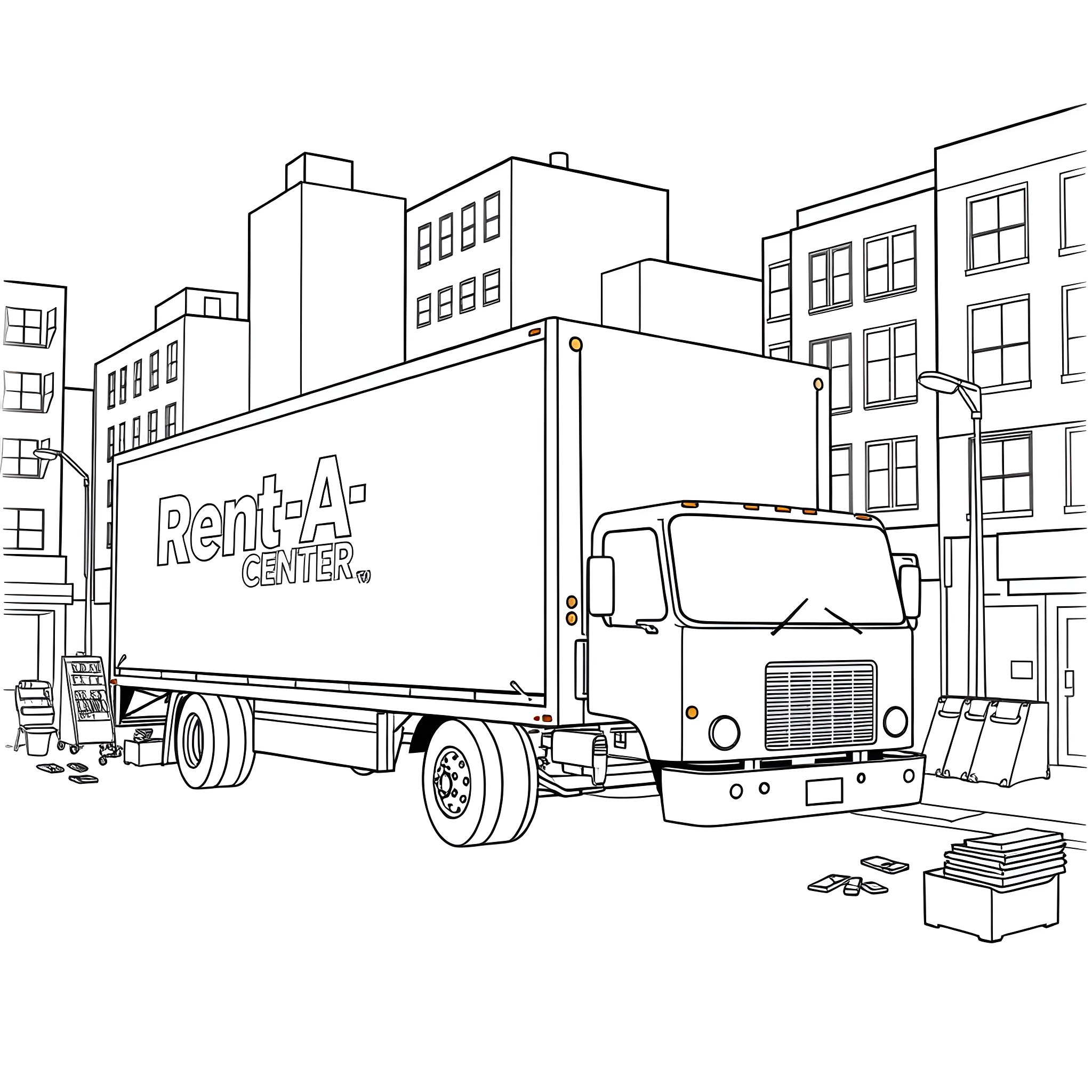 Truck delivering goods to urban buildings Coloring Page (free black-and-white line drawing printable PDF for all, from beginners to advanced learners, including children, teens, adults, and seniors)