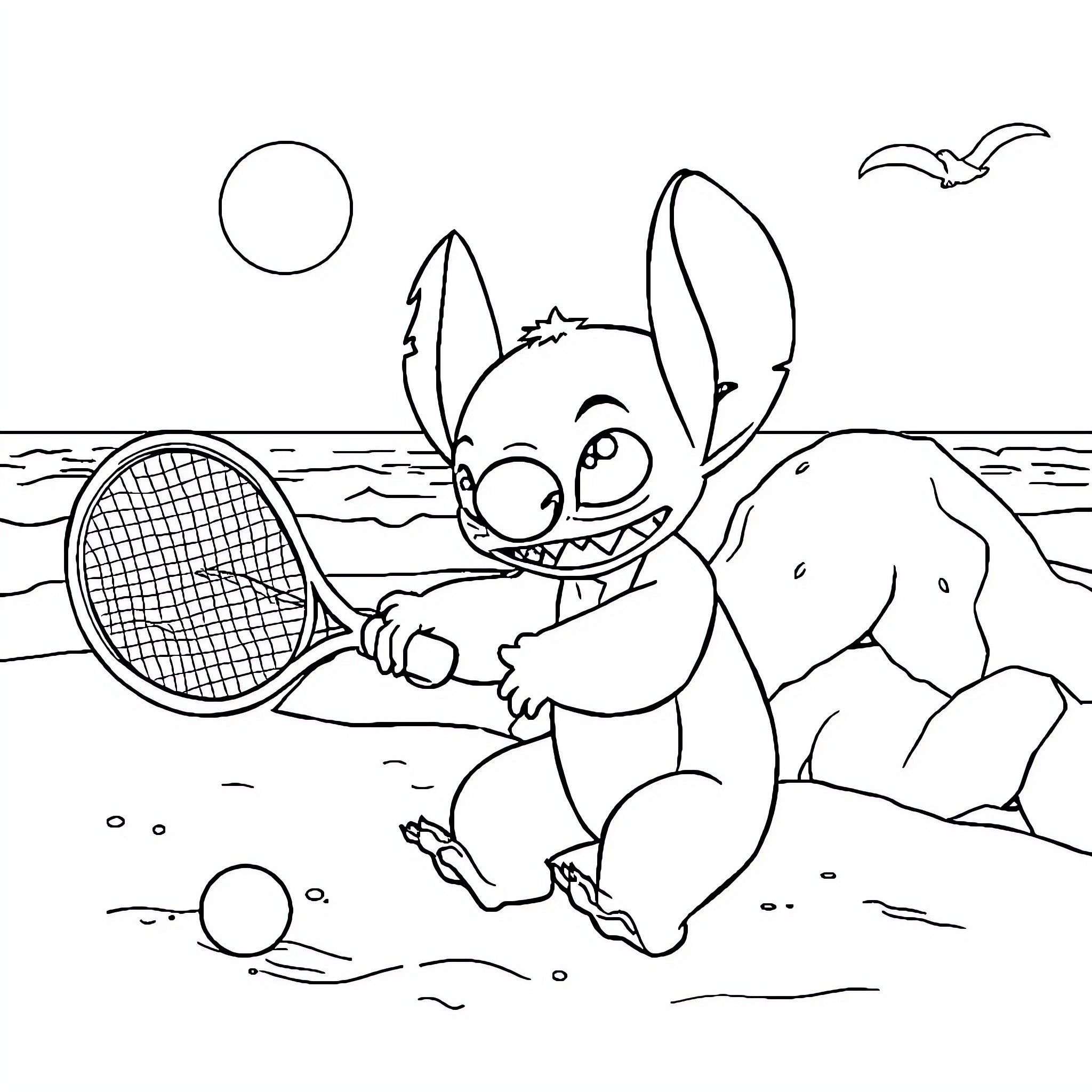 Stitch playing with tennis racket on the beach Coloring Page (free black-and-white line drawing printable PDF for all, from beginners to advanced learners, including children, teens, adults, and seniors)