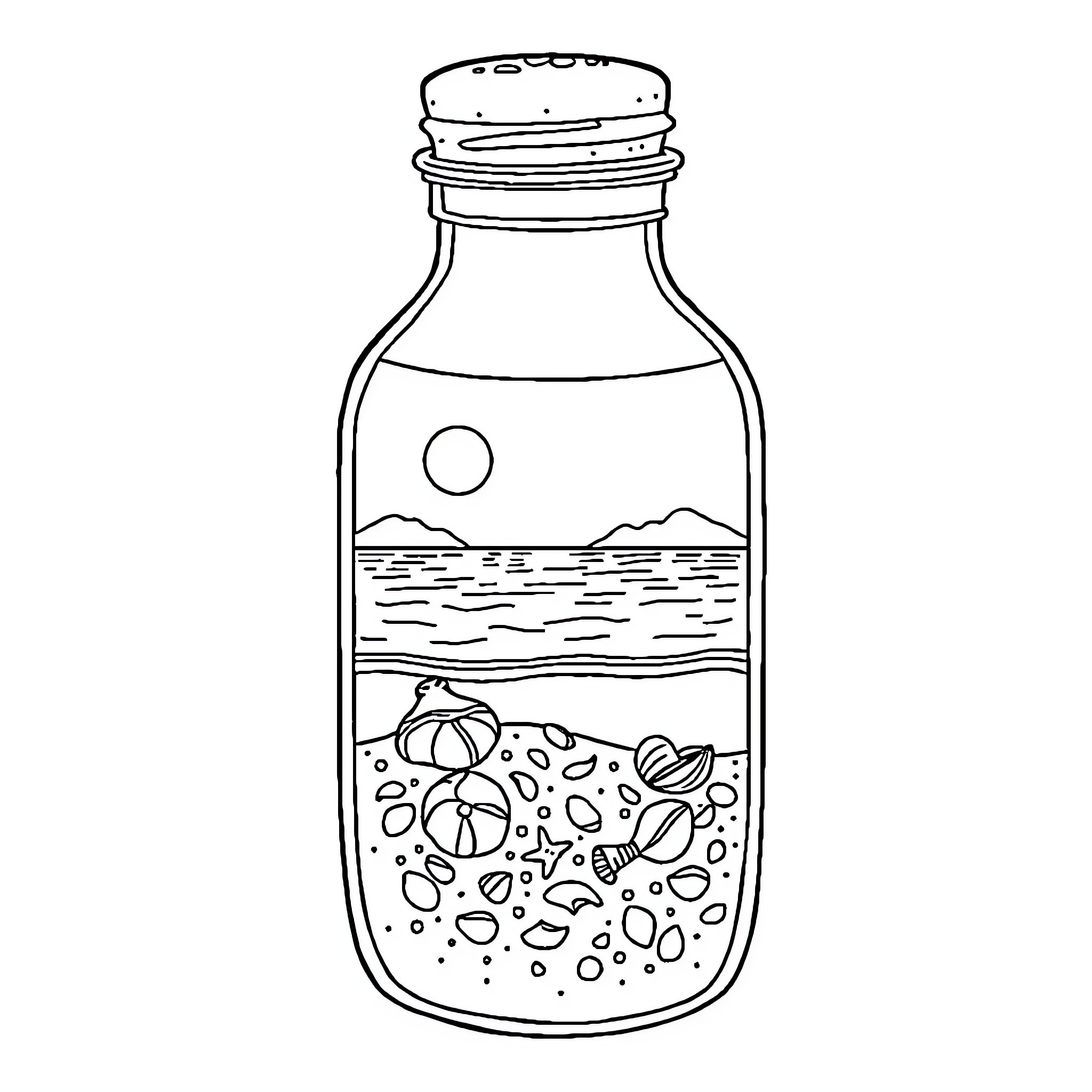 Bottle with ocean and marine life Coloring Page (free black-and-white line drawing printable PDF for all, from beginners to advanced learners, including children, teens, adults, and seniors)