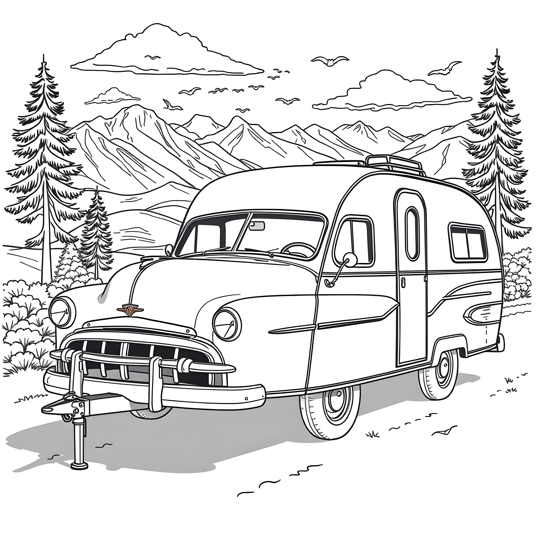Car Camping Adventure in the Mountains Coloring Page (free black-and-white line drawing printable PDF for all, from beginners to advanced learners, including children, teens, adults, and seniors)