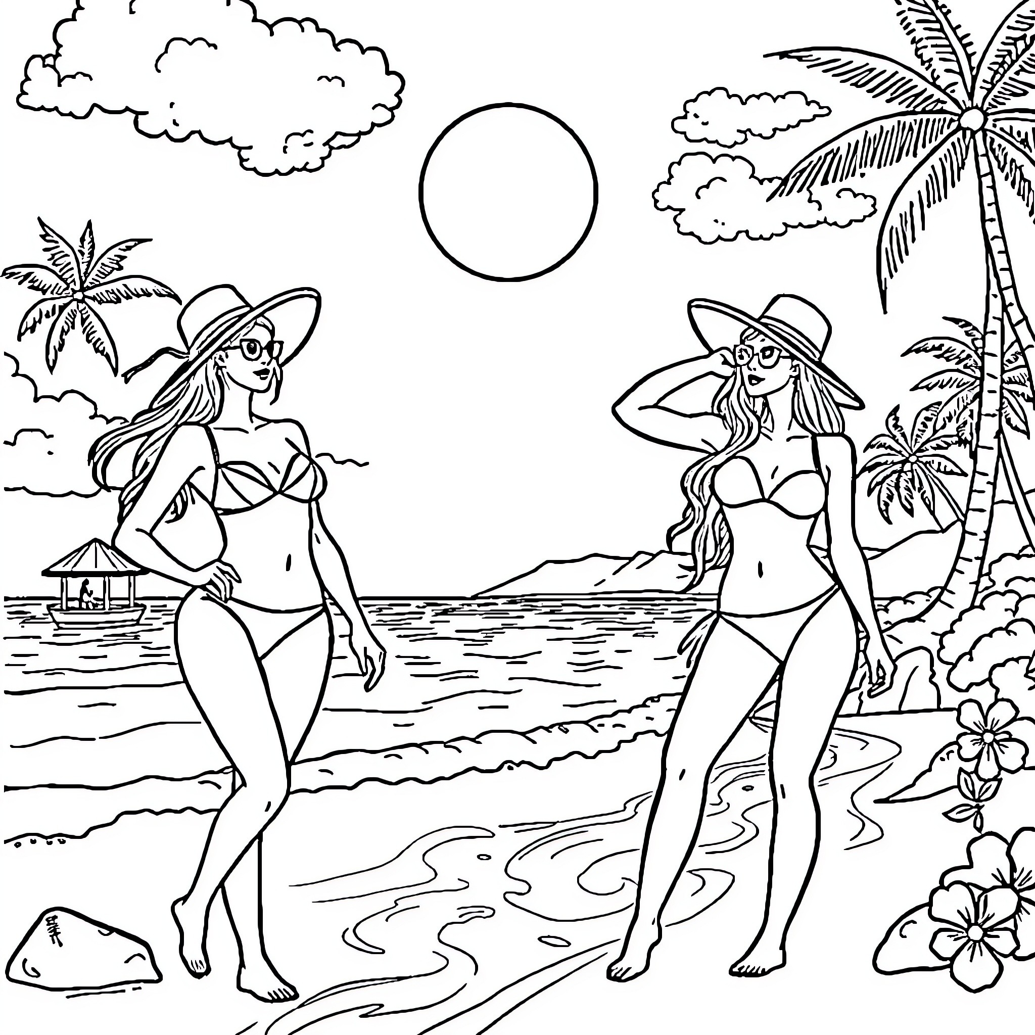 Girls enjoying a sunny day at the beach Coloring Page (free black-and-white line drawing printable PDF for all, from beginners to advanced learners, including children, teens, adults, and seniors)
