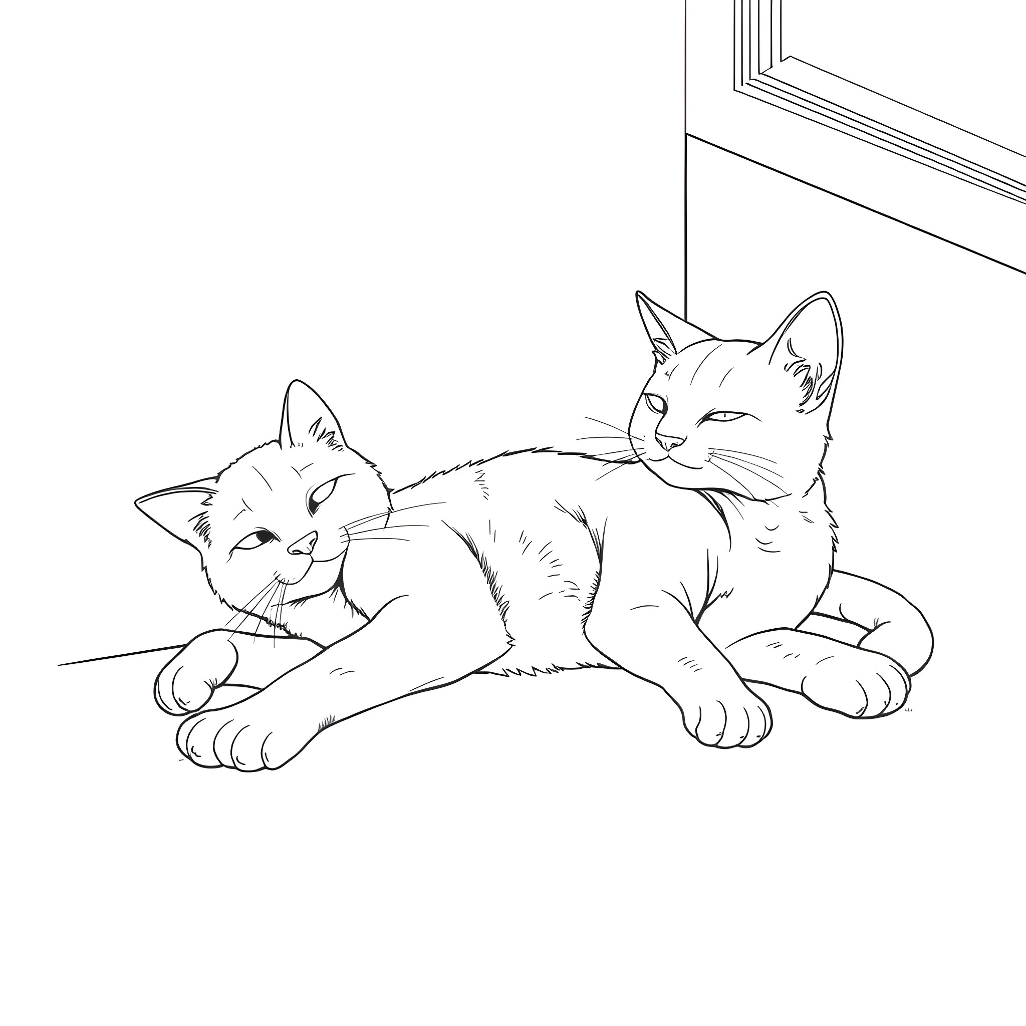 Cats resting peacefully by the window Coloring Page (free black-and-white line drawing printable PDF for all, from beginners to advanced learners, including children, teens, adults, and seniors)
