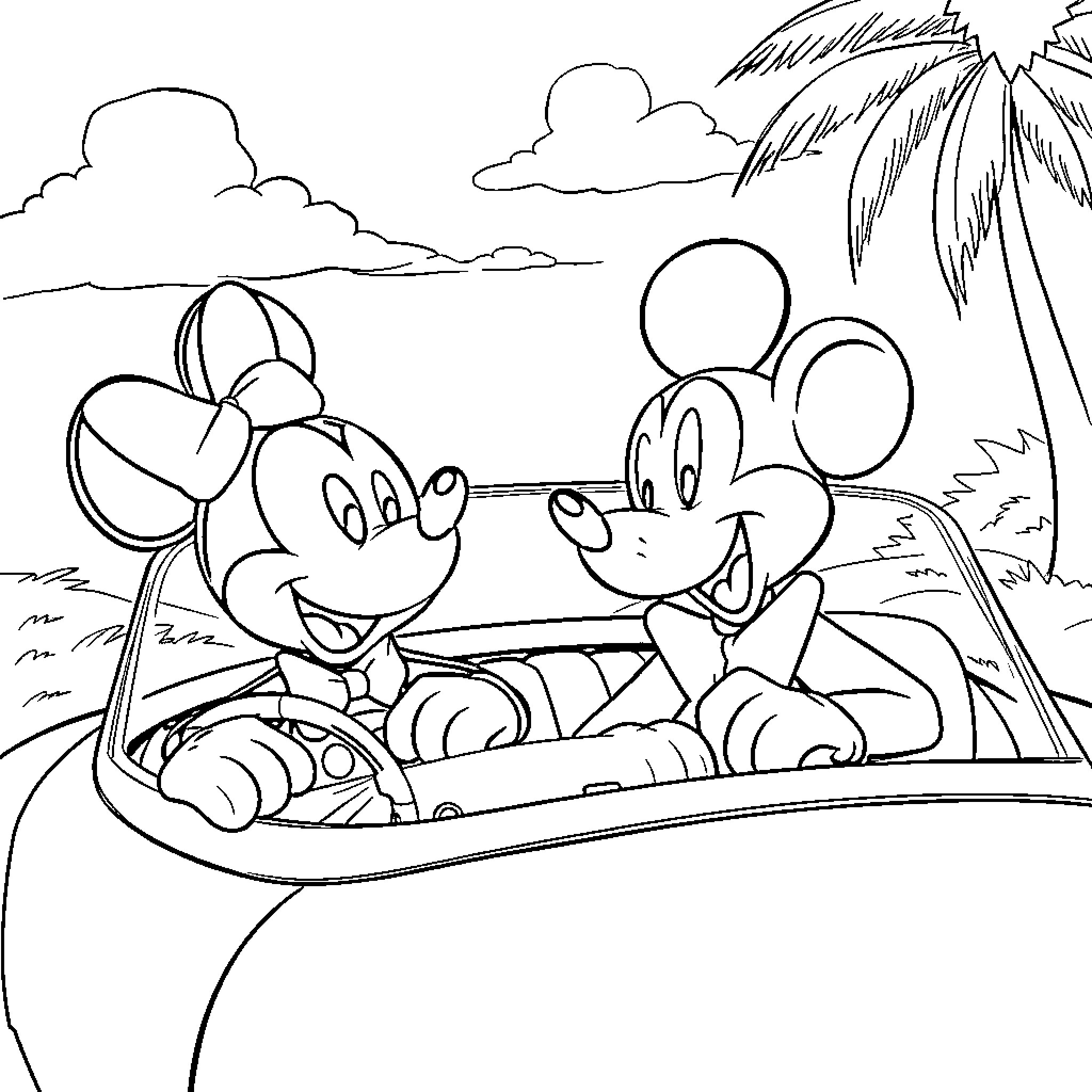 Mickey Mouse enjoying a beach ride with friends Coloring Page (free black-and-white line drawing printable PDF for all, from beginners to advanced learners, including children, teens, adults, and seniors)
